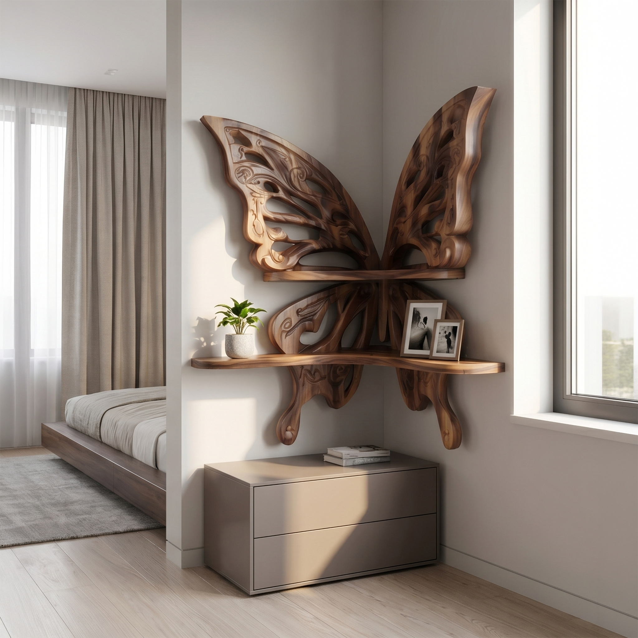 Butterfly Inspired Floating Shelf With Sculptural Live Edge Wood Design For Living Room