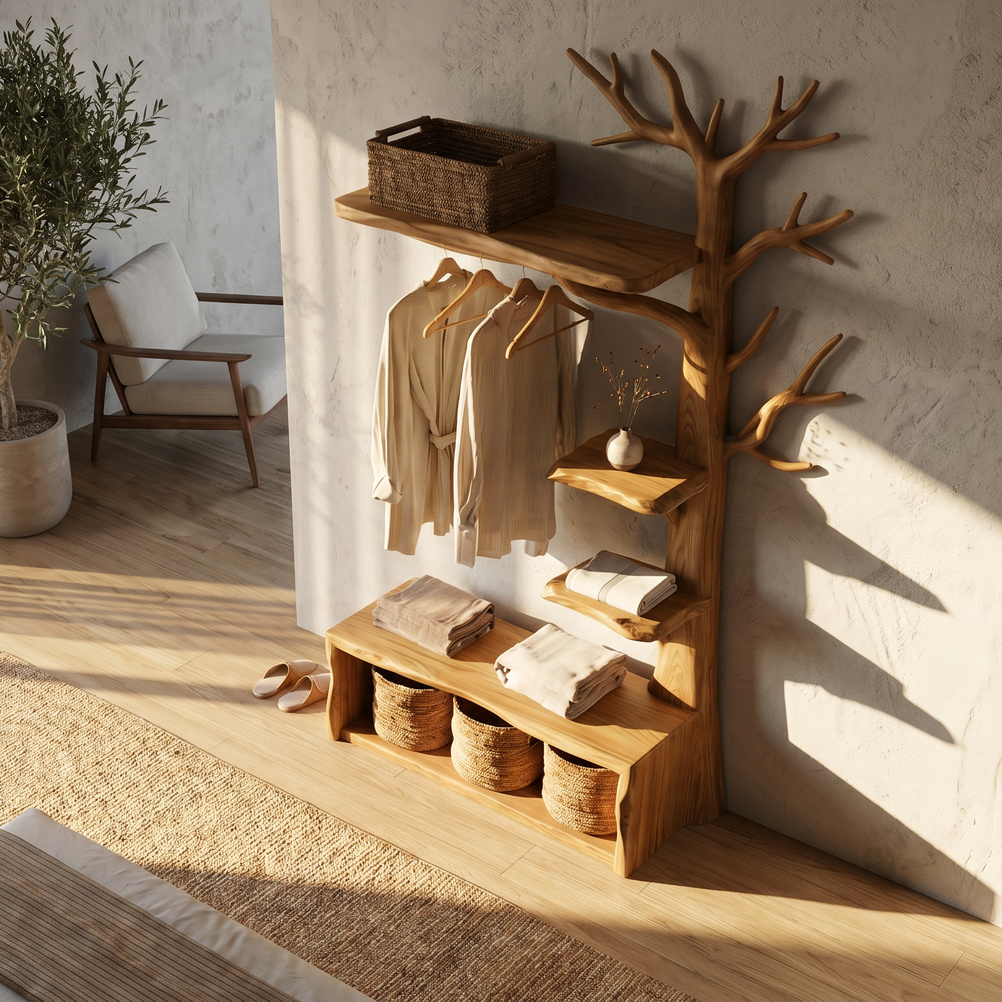 Natural Tree Coat Rack Bench Entryway And Hallway