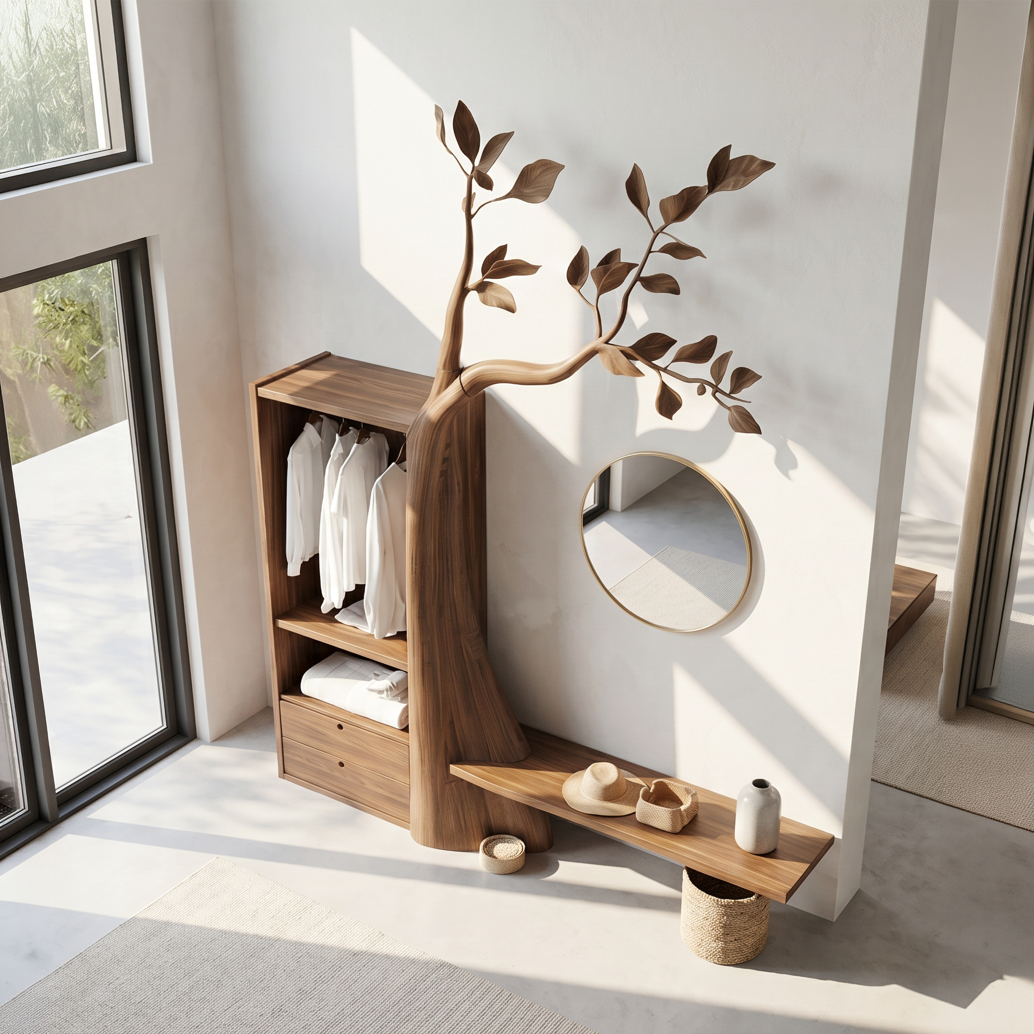 Organic Modern Tree Coat Rack Seating Bench Entryway And Bedroom