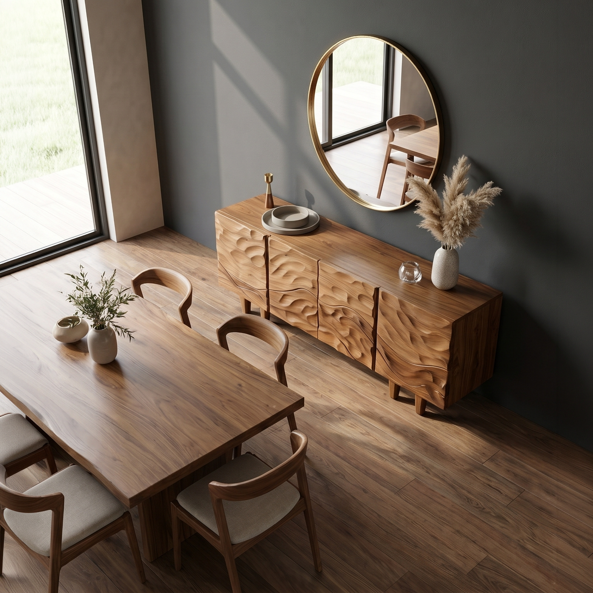 Sculptural Sideboard With Flowing Wood Grain Doors For Living Room