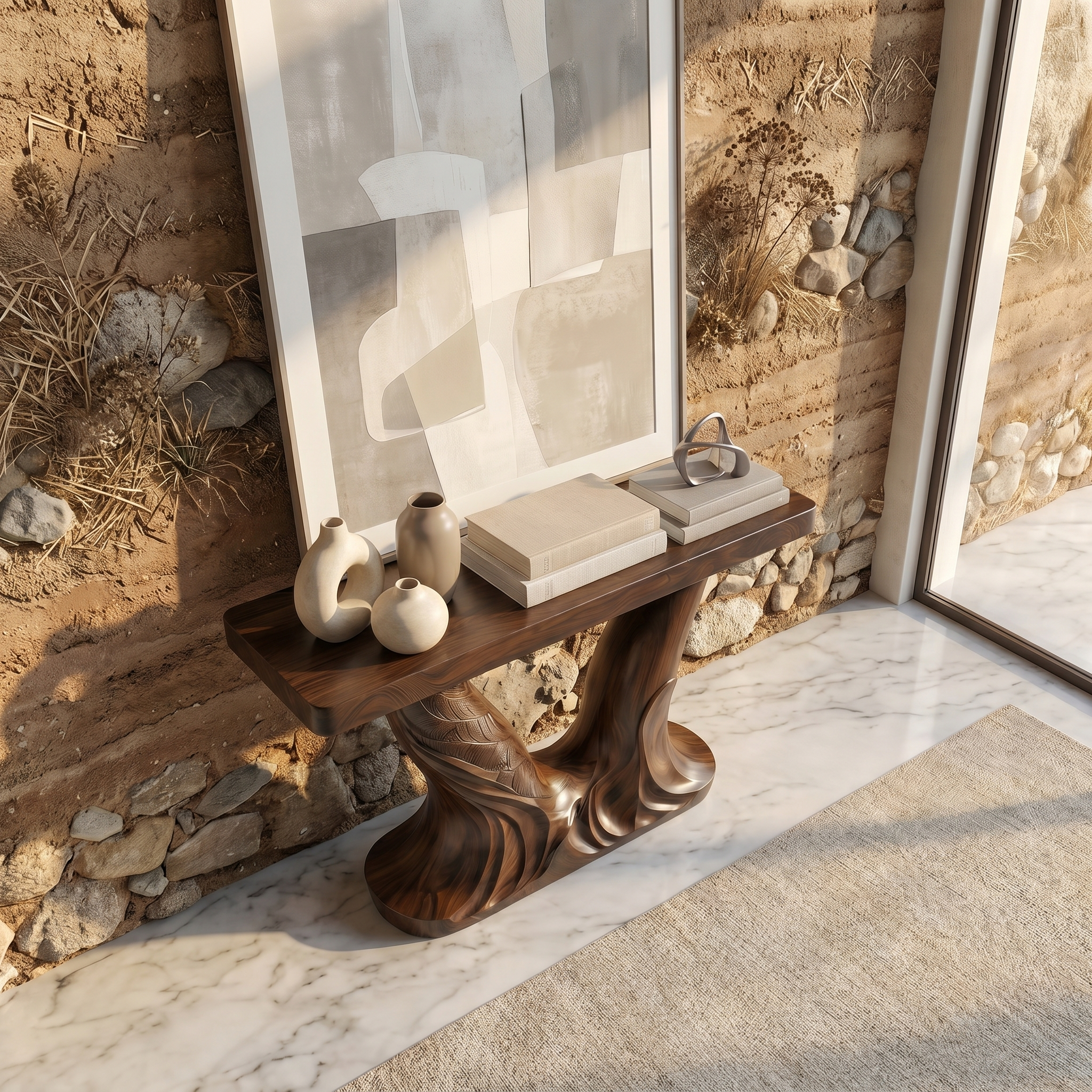 Organic Console Table With Sculptural Double Pedestal Base For Entryway