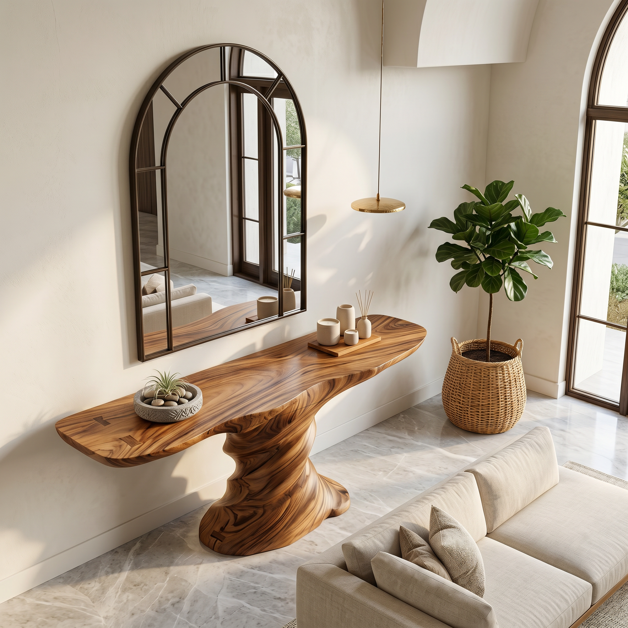 Organic Console Table With Sculptural Helix Base For Entryway