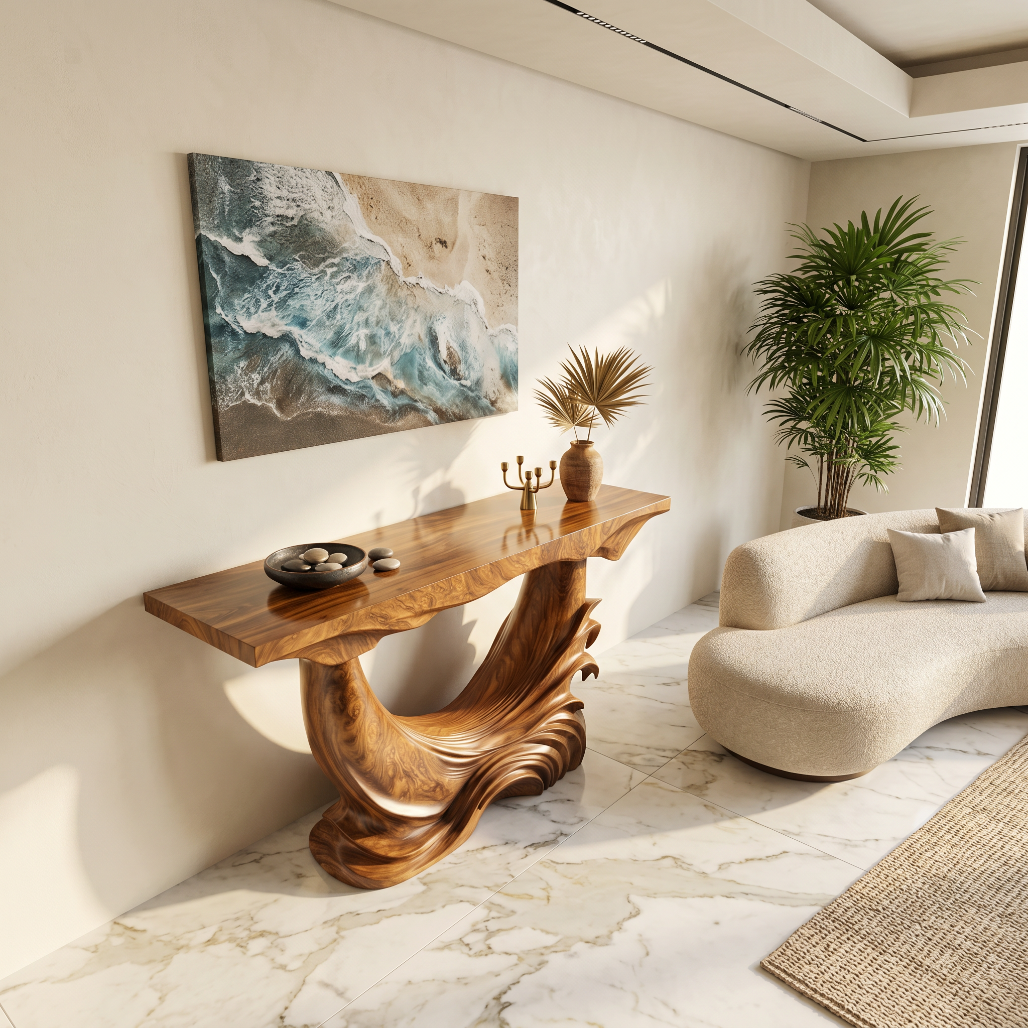 Natural Console Table With Flowing Wood Sculpture For Hallway