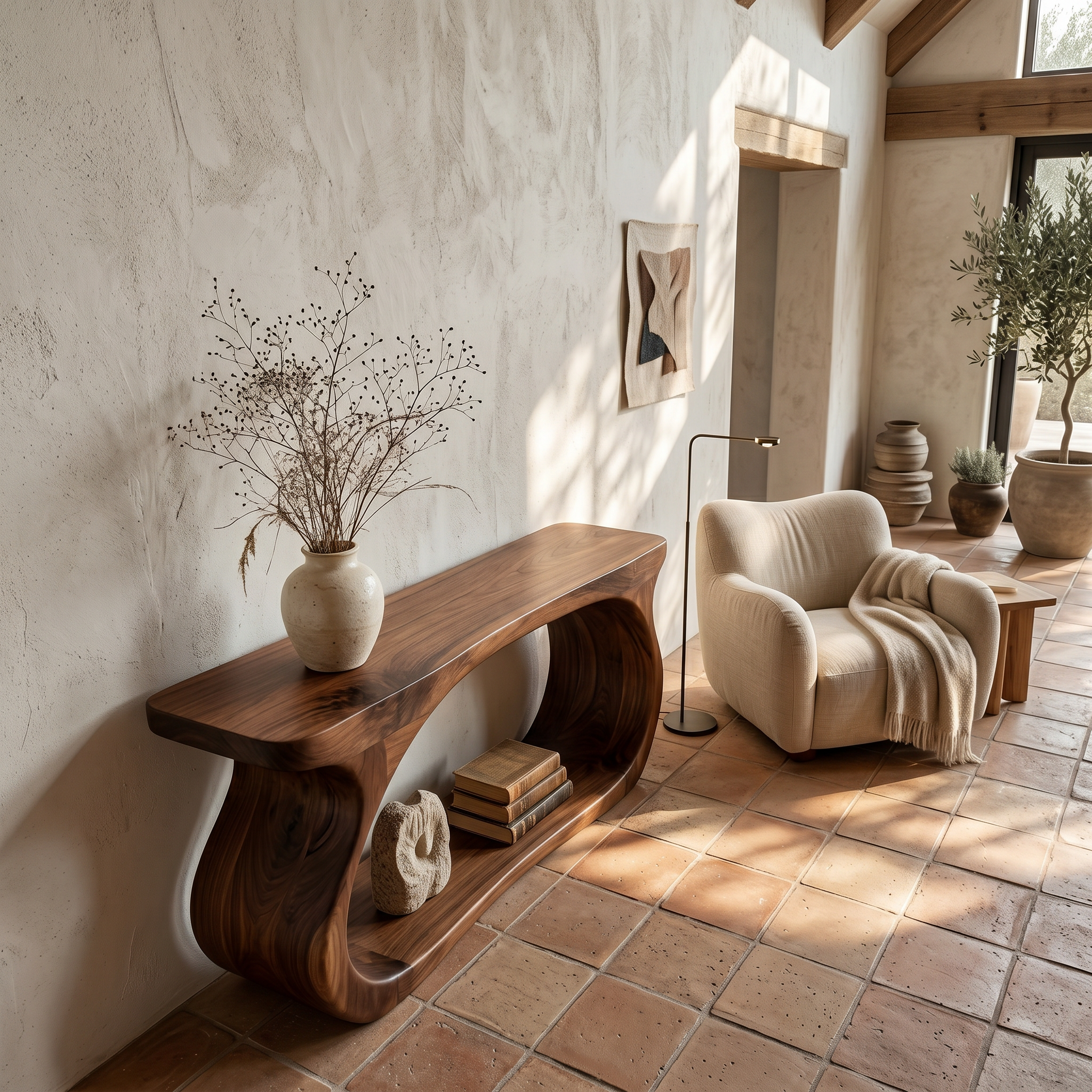Modern Console Table With Sculptural Circular Form For Entryway