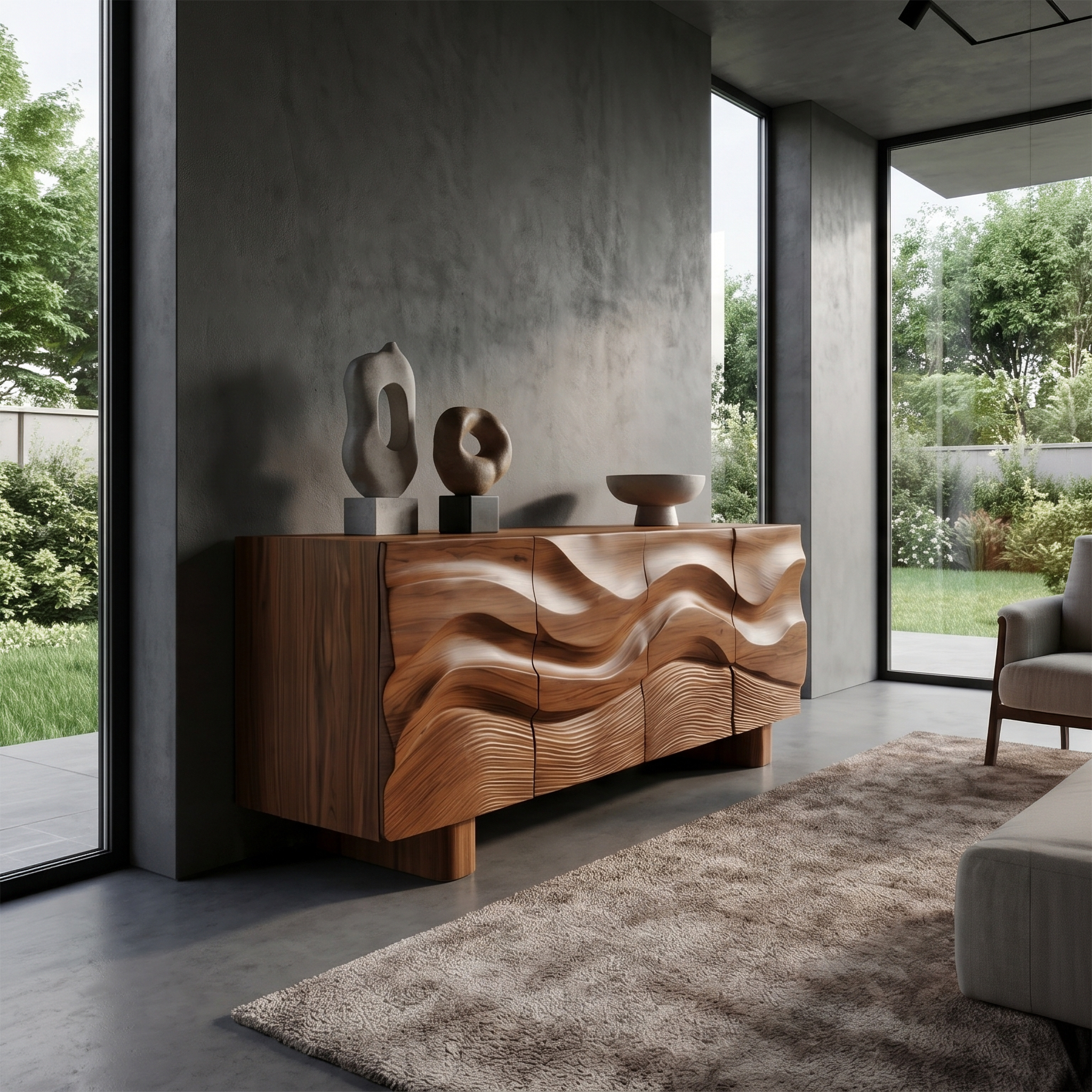 Modern Organic Sideboard With Wave Front Wood Doors For Living Room