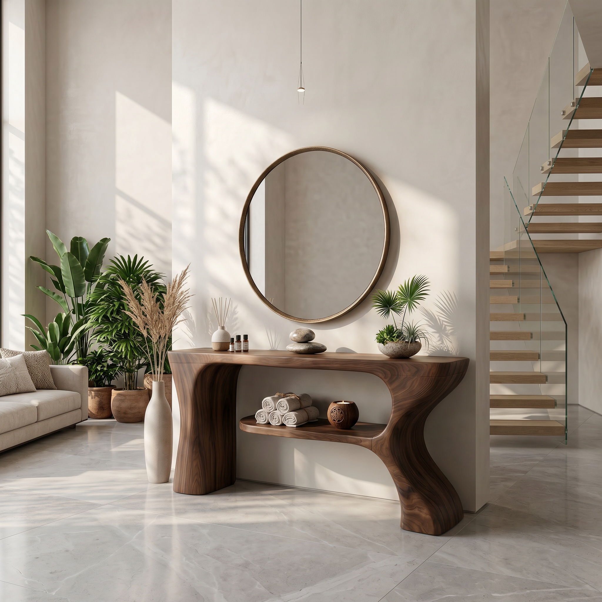Organic Console Table With Sculptural Curved Form For Entryway