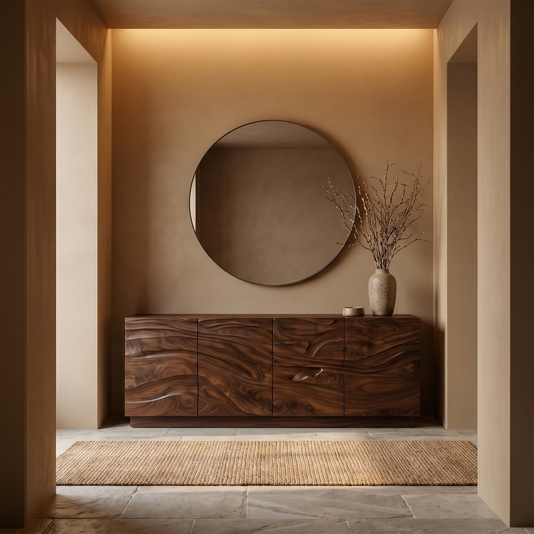 Organic Sideboard With Sculptural Wave Carved Wood Front For Living Room