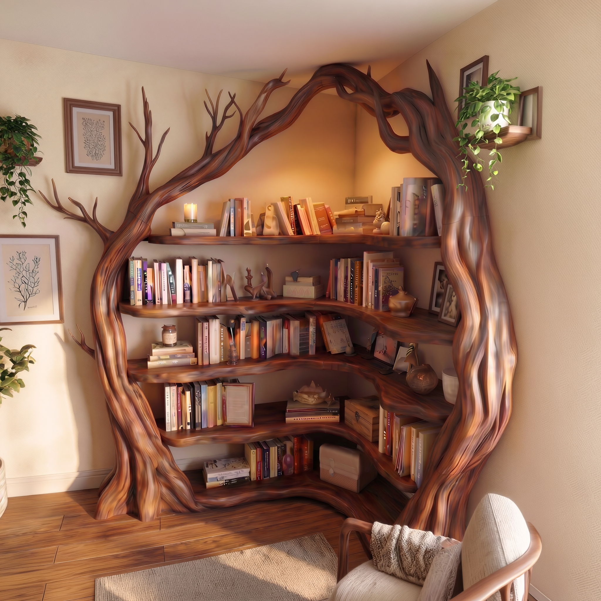 Statement Tree Corner Bookshelf For Living Room And Reading Nook