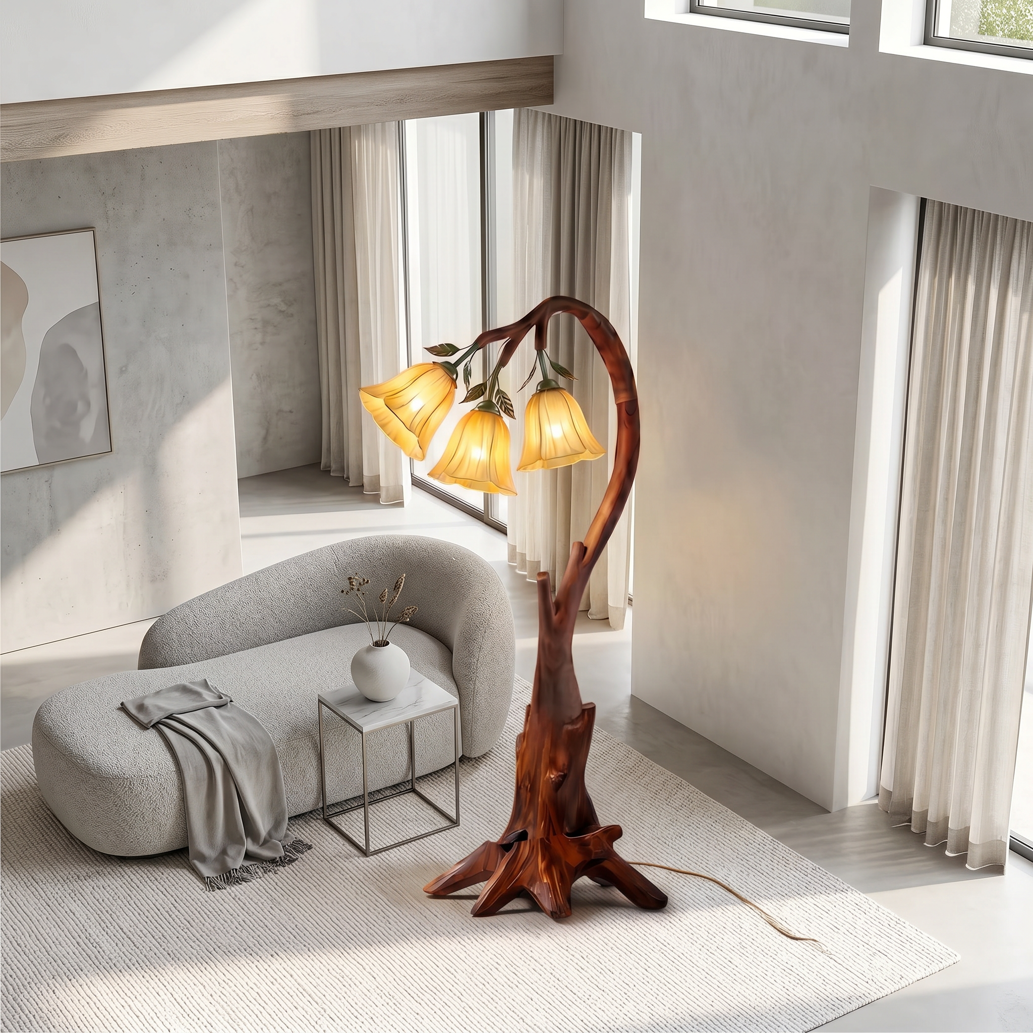 Natural Floor Lamp With Blooming Floral Form For Reading Nook And Bedroom