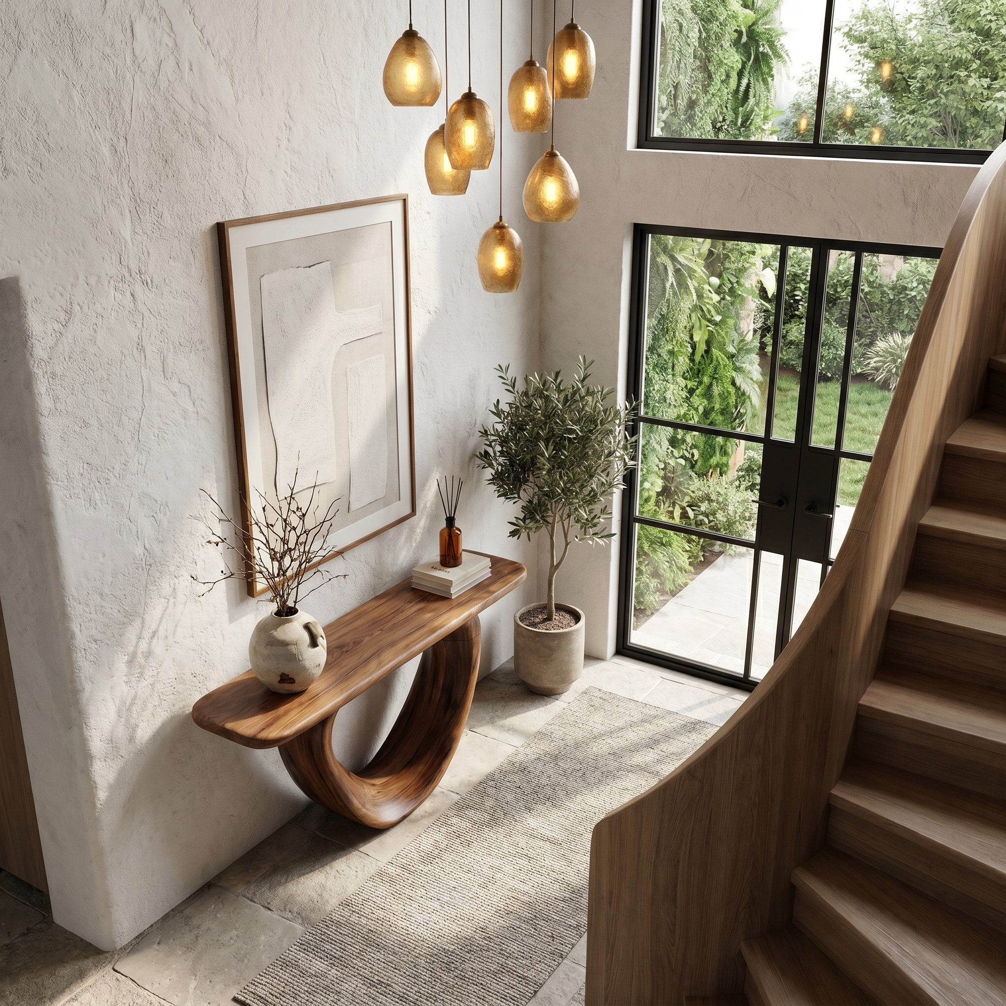 Sculptural Console Table With Loop Shaped Wooden Base Live Edge Console Table With Unique Sculptural Base Design