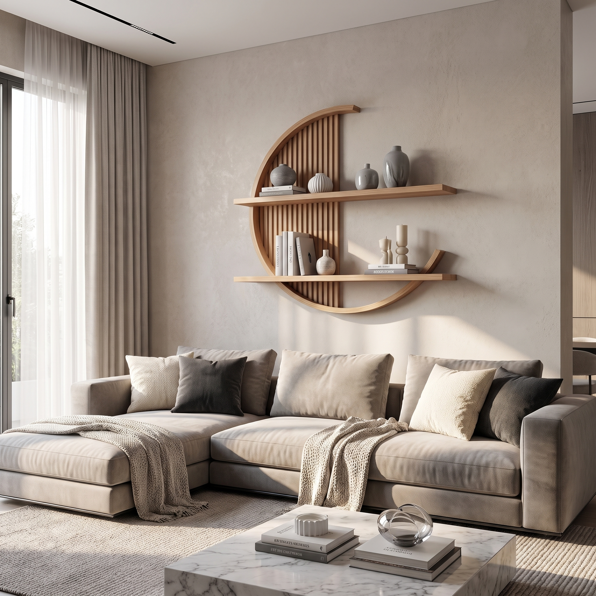 Minimalist Circle Round Floating Shelf Solid Wood For Living Room Wall Art