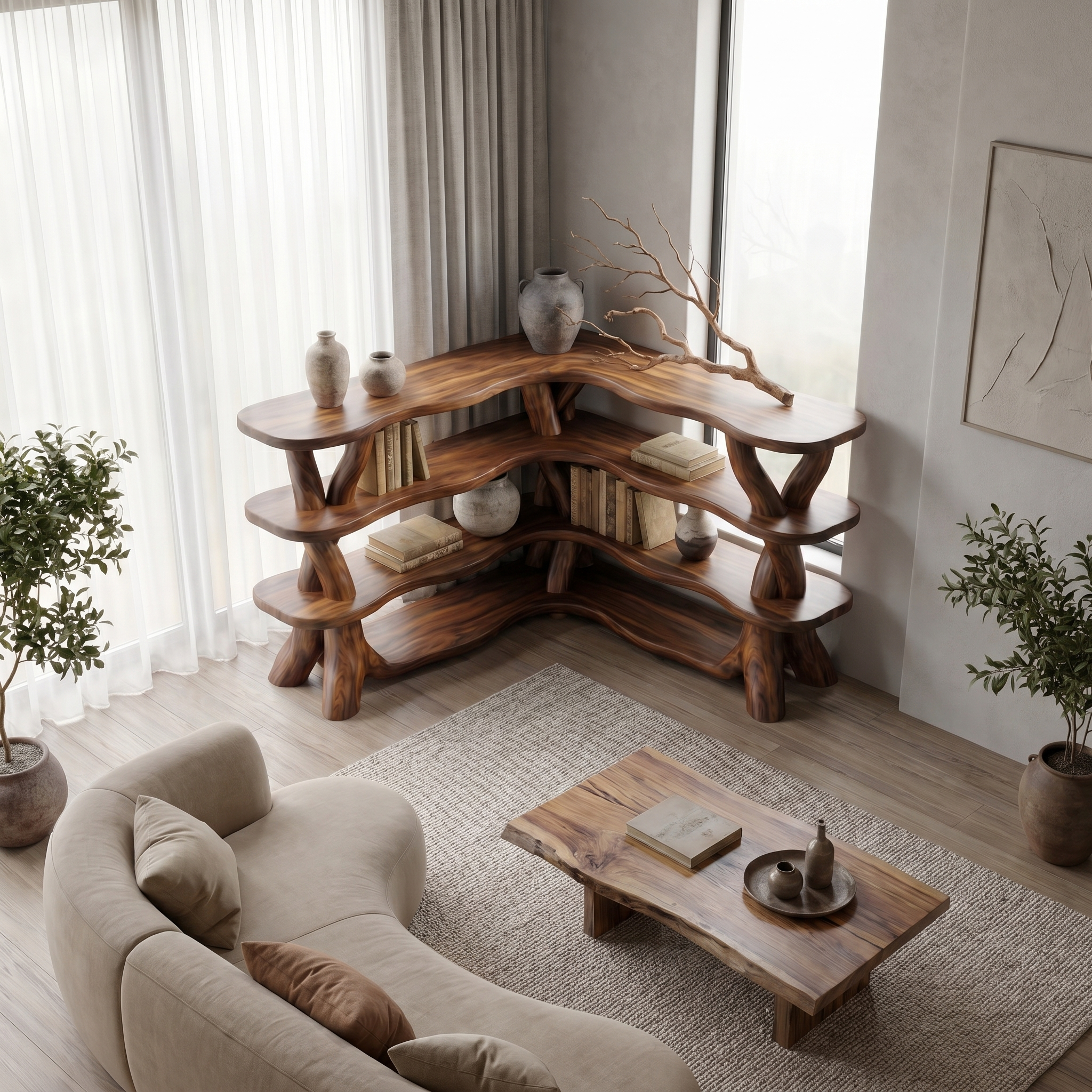 Rustic Organic Corner Bookshelf With Sculptural Tree Branch Shelves For Living Room And Bedroom