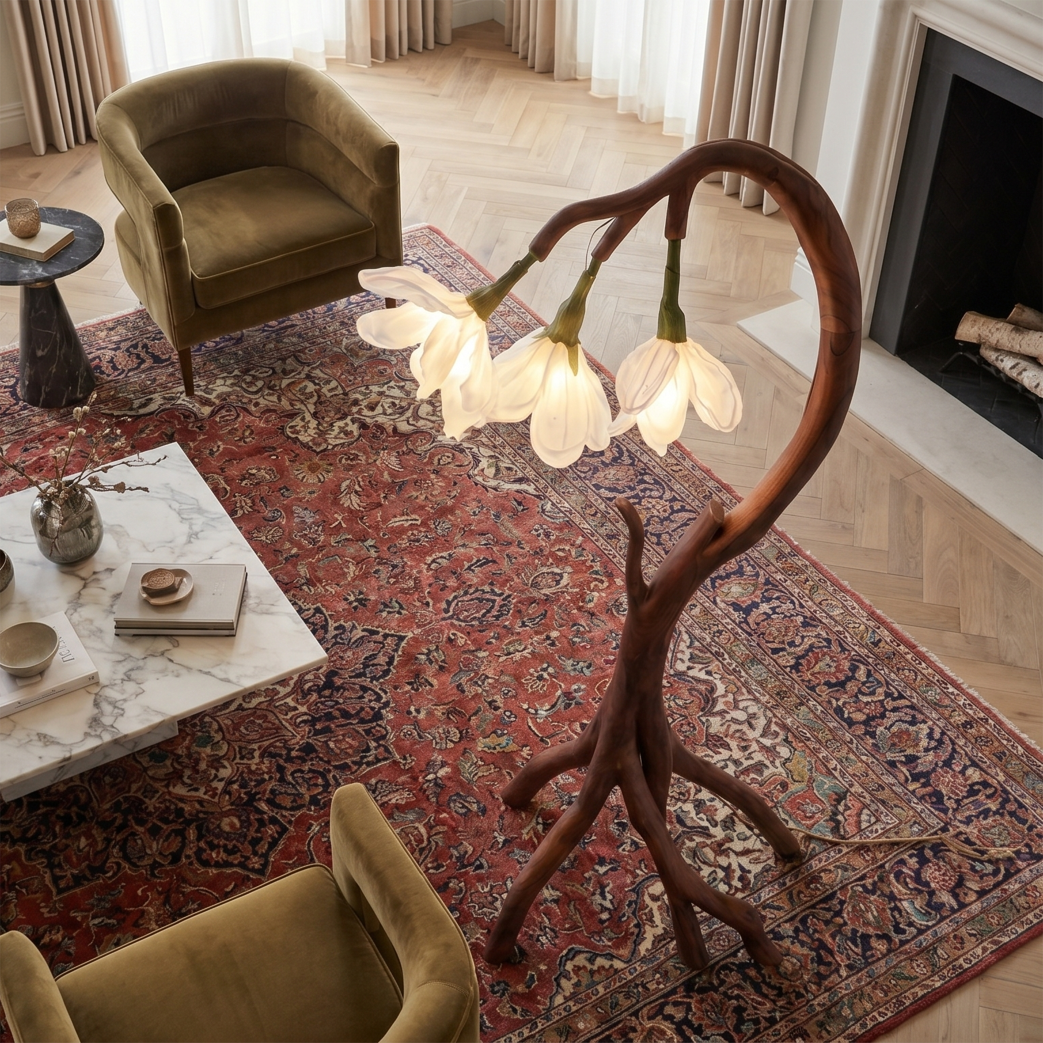 Botanical Flower Floor Lamp With Sculptural Wood Base For Living Room And Bedroom