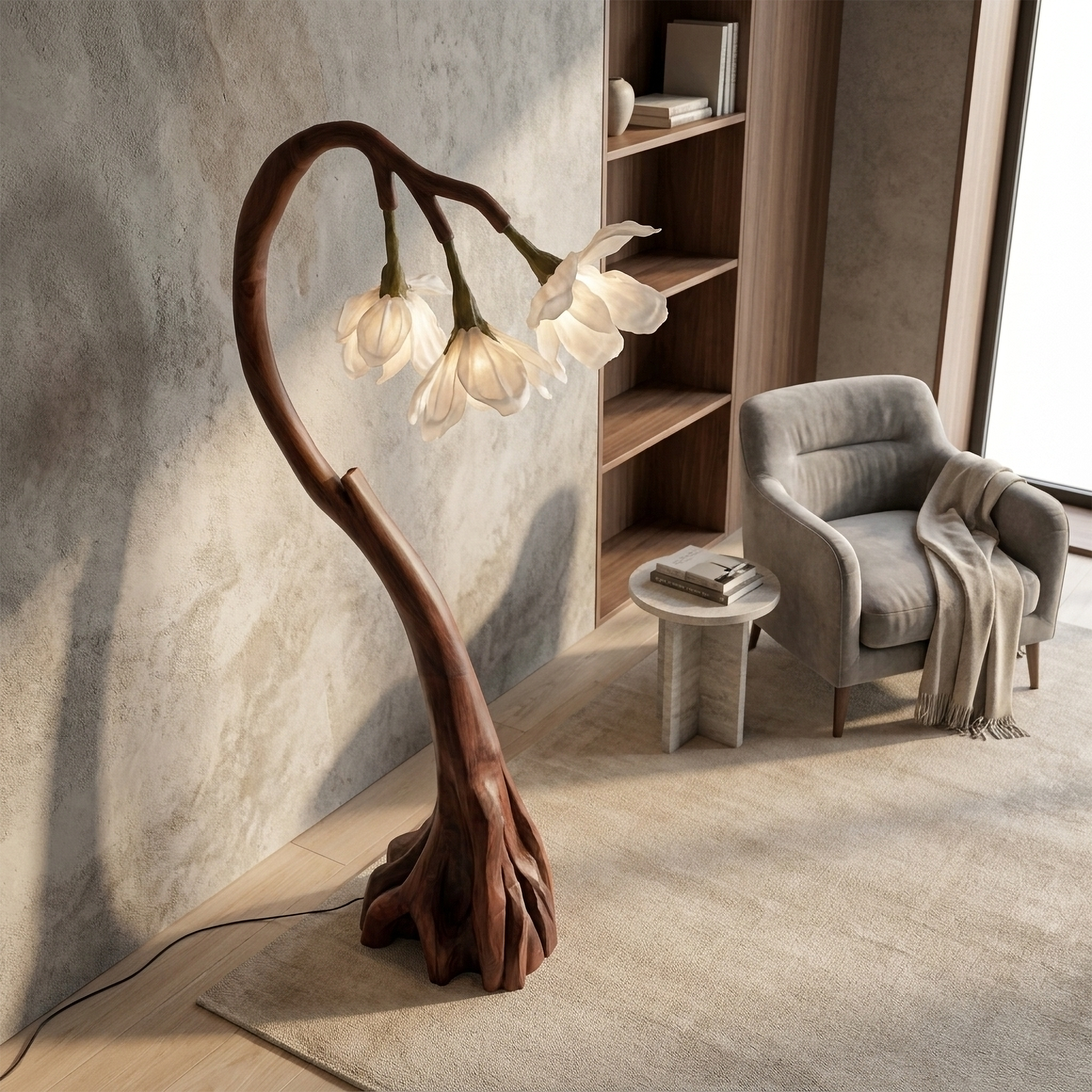 Floral Floor Lamp With Organic Wood Base For Living Room And Bedroom