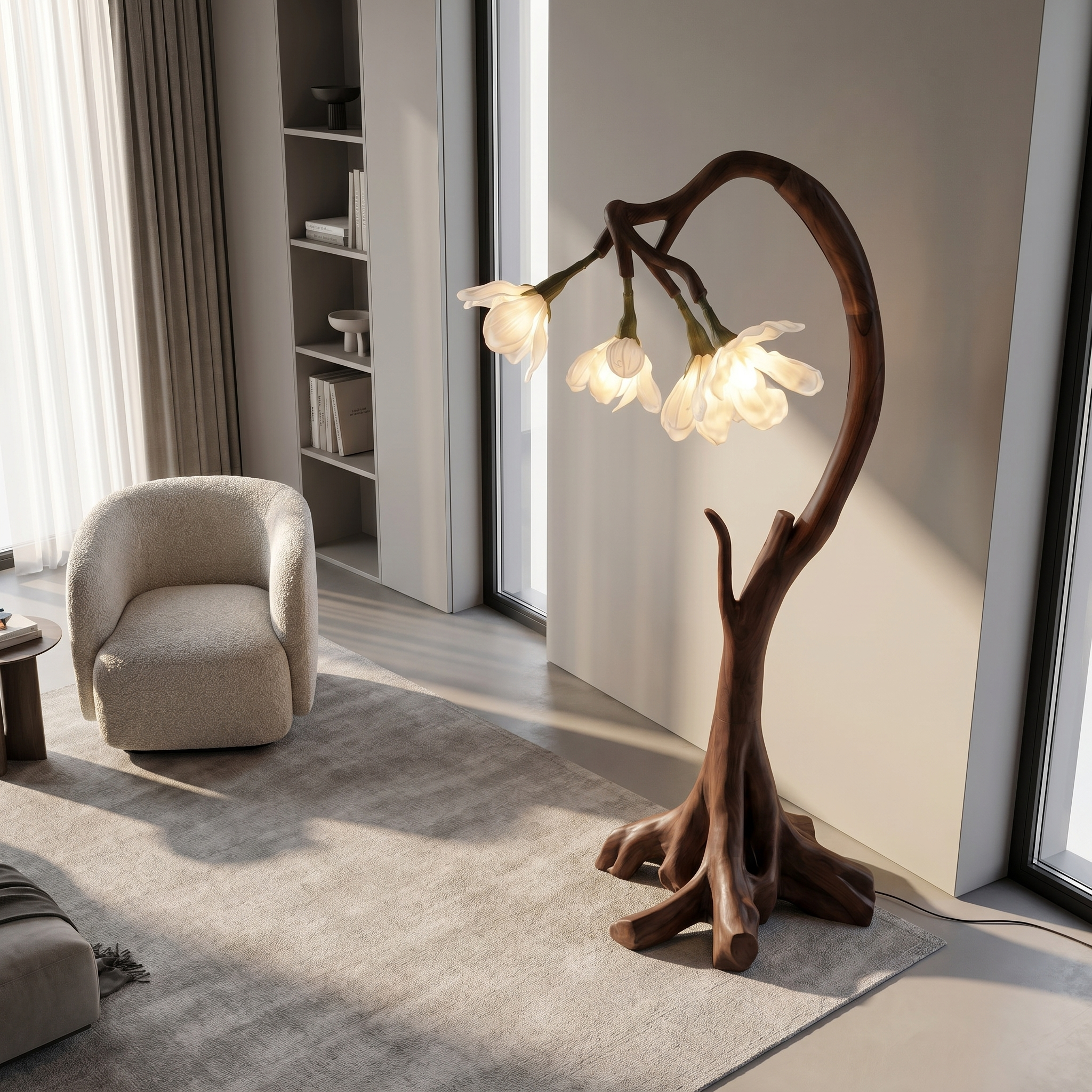 Bloom Floor Lamp With Sculptural Wooden Stand For Living Room And Bedroom