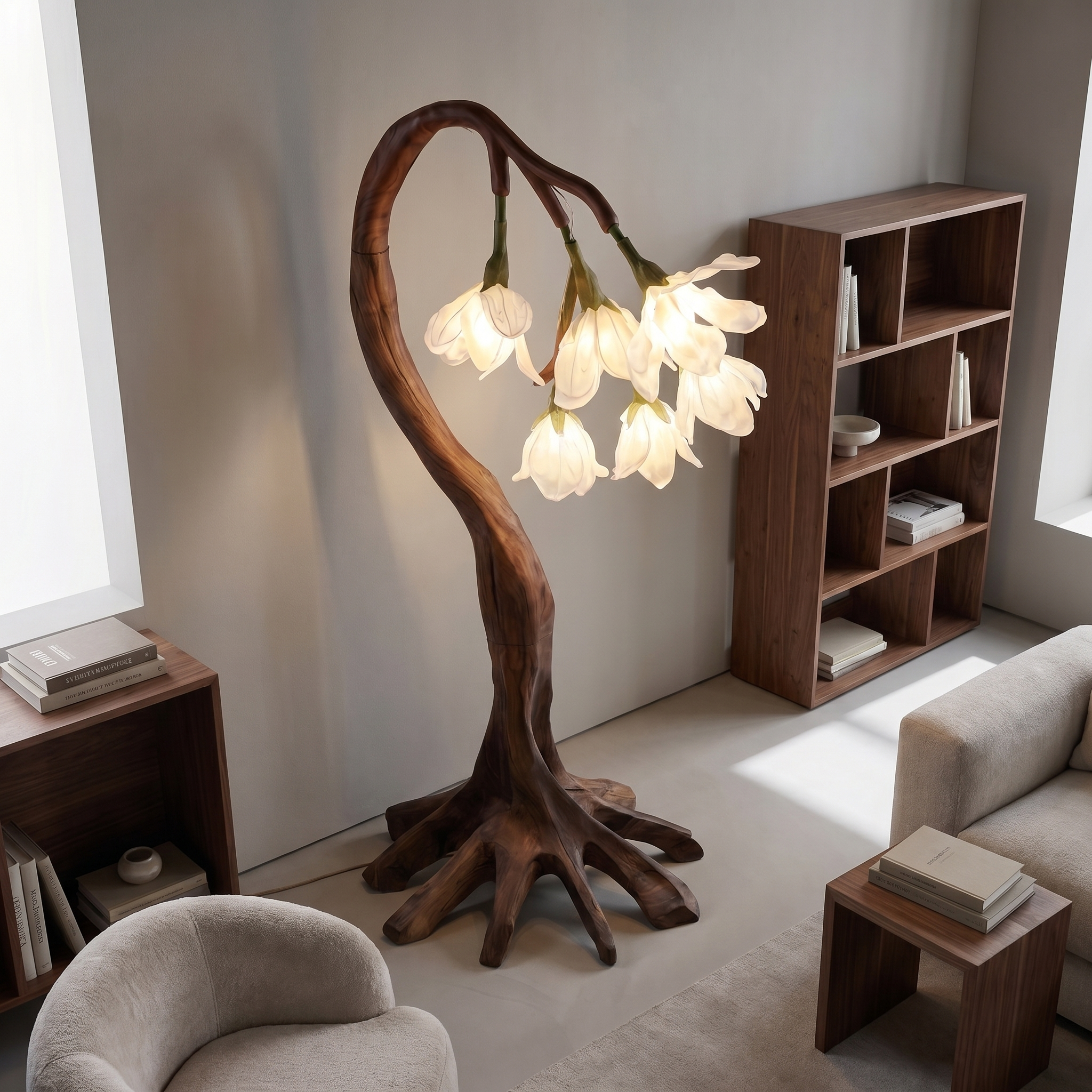 Flower Petal Floor Lamp With Solid Wood Base For Living Room And Bedroom