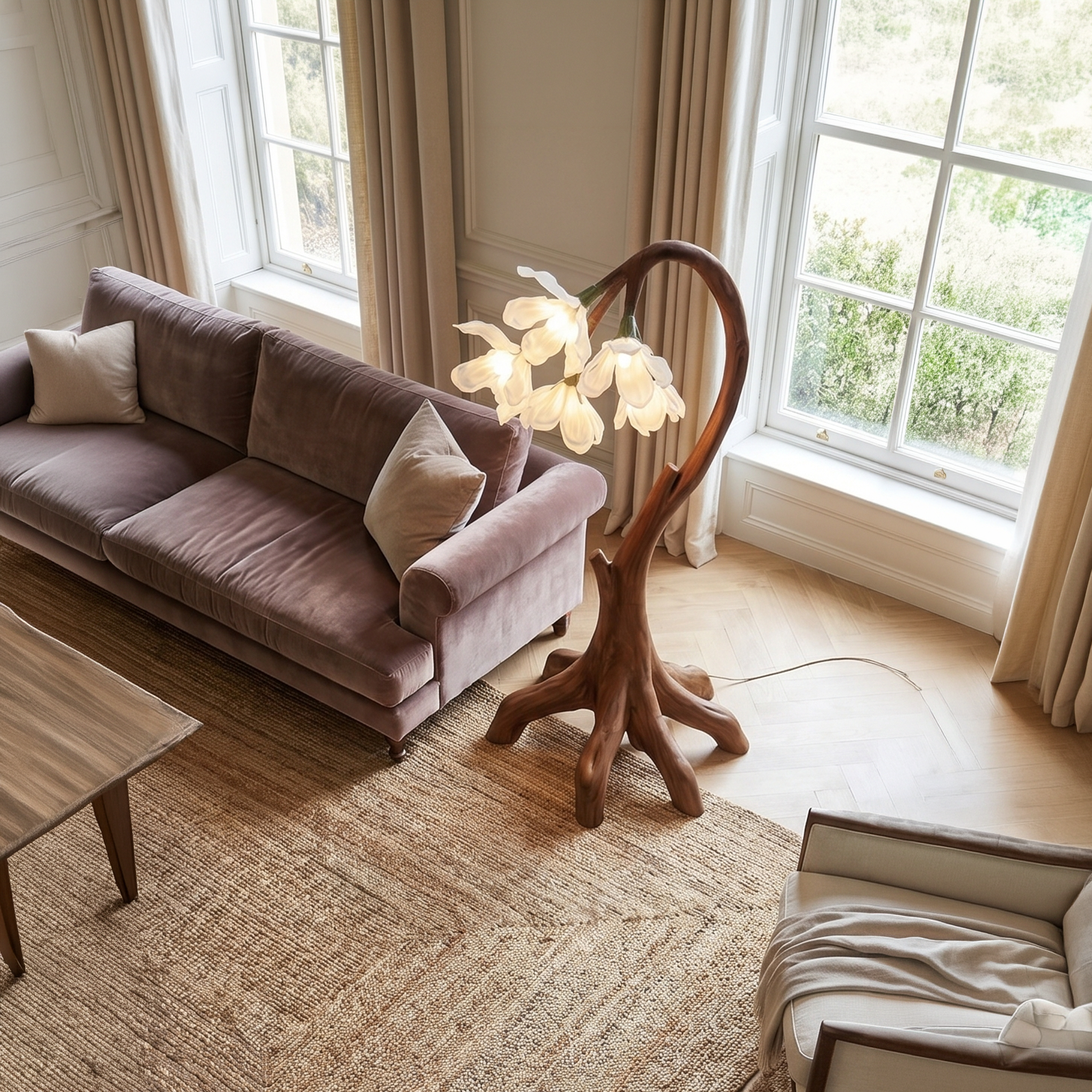 Flower Petal Floor Lamp With Solid Wood Base For Living Room And Bedroom