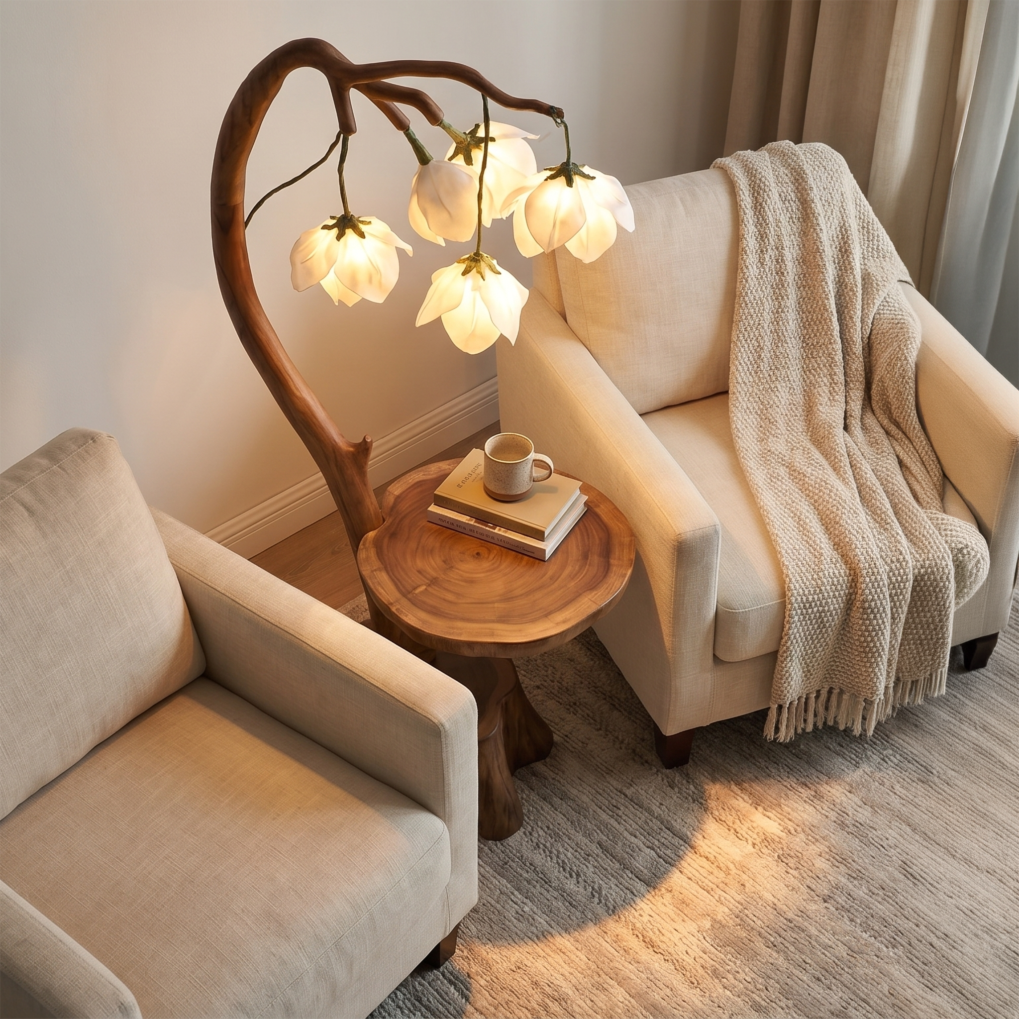 Sculptural Flower Floor Lamp With Handmade Wood Base For Living Room And Bedroom