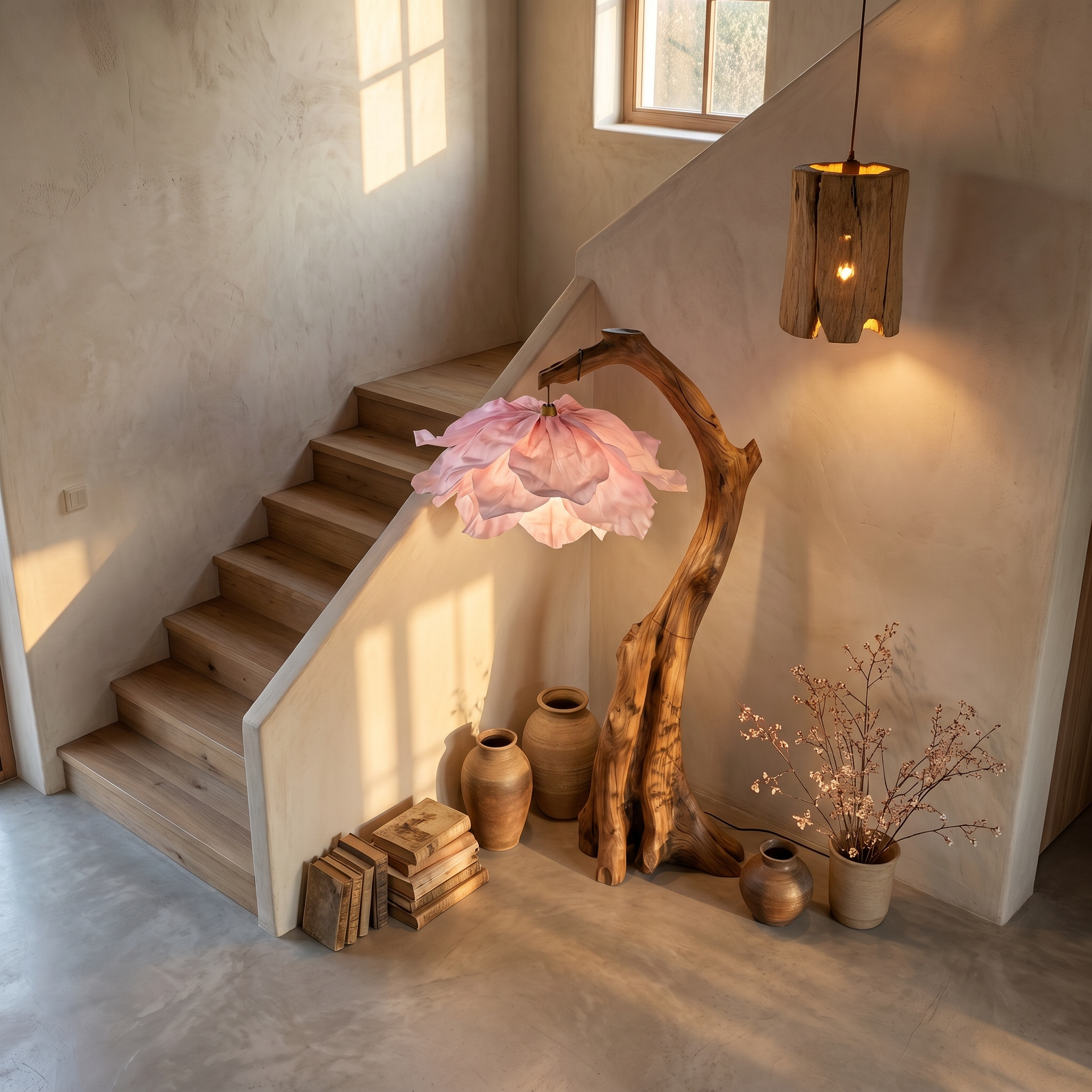 Handmade Flower Floor Lamp With Sculptural Wood Base For Living Room And Bedroom