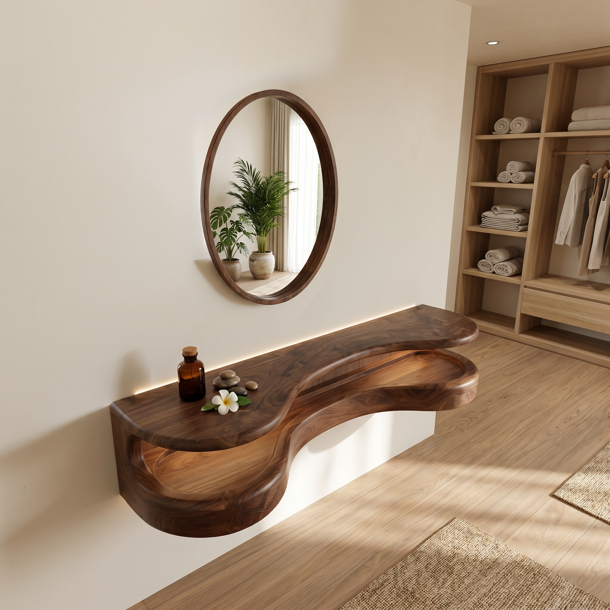 Organic Floating Vanity Desk With Rounded Wood Shelf For Bedroom