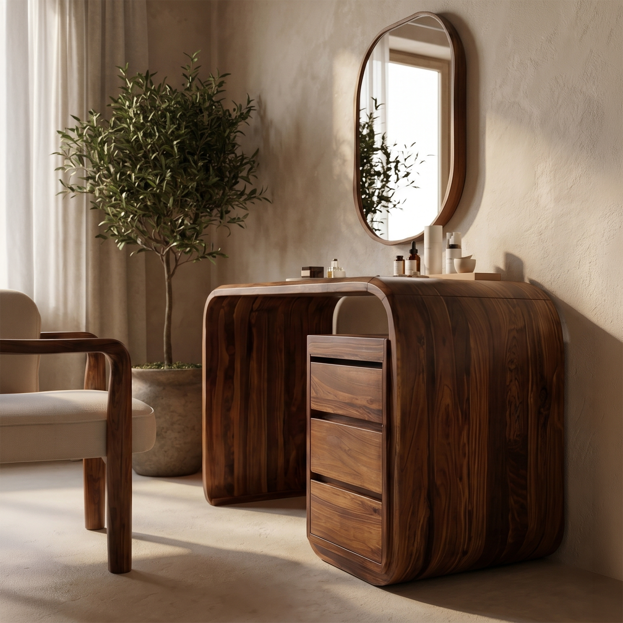 Modern Walnut Vanity Table With Open Shelf Cabinet For Bedroom