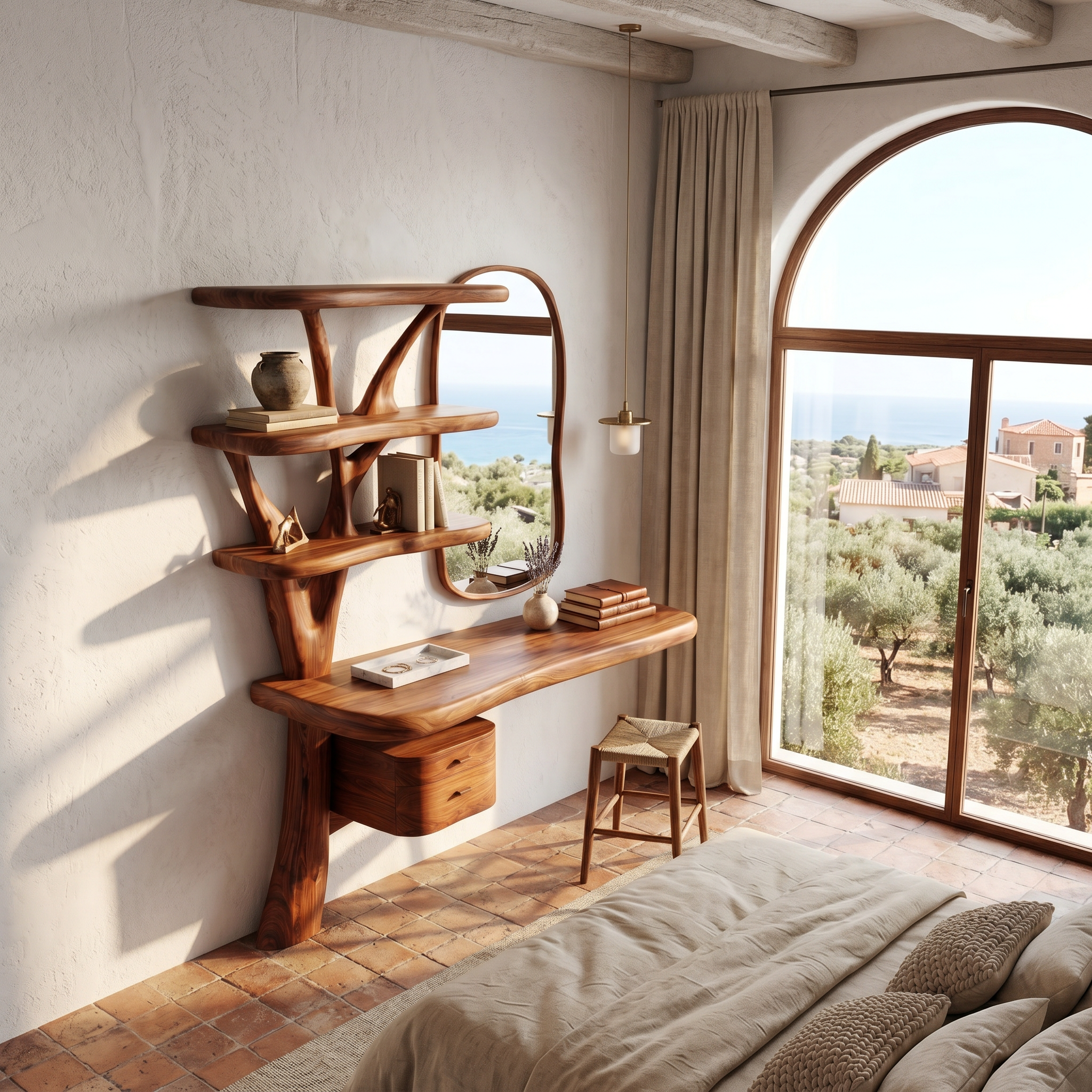 Sculptural Tree Vanity Desk With Curved Wood Shelves For Bedroom