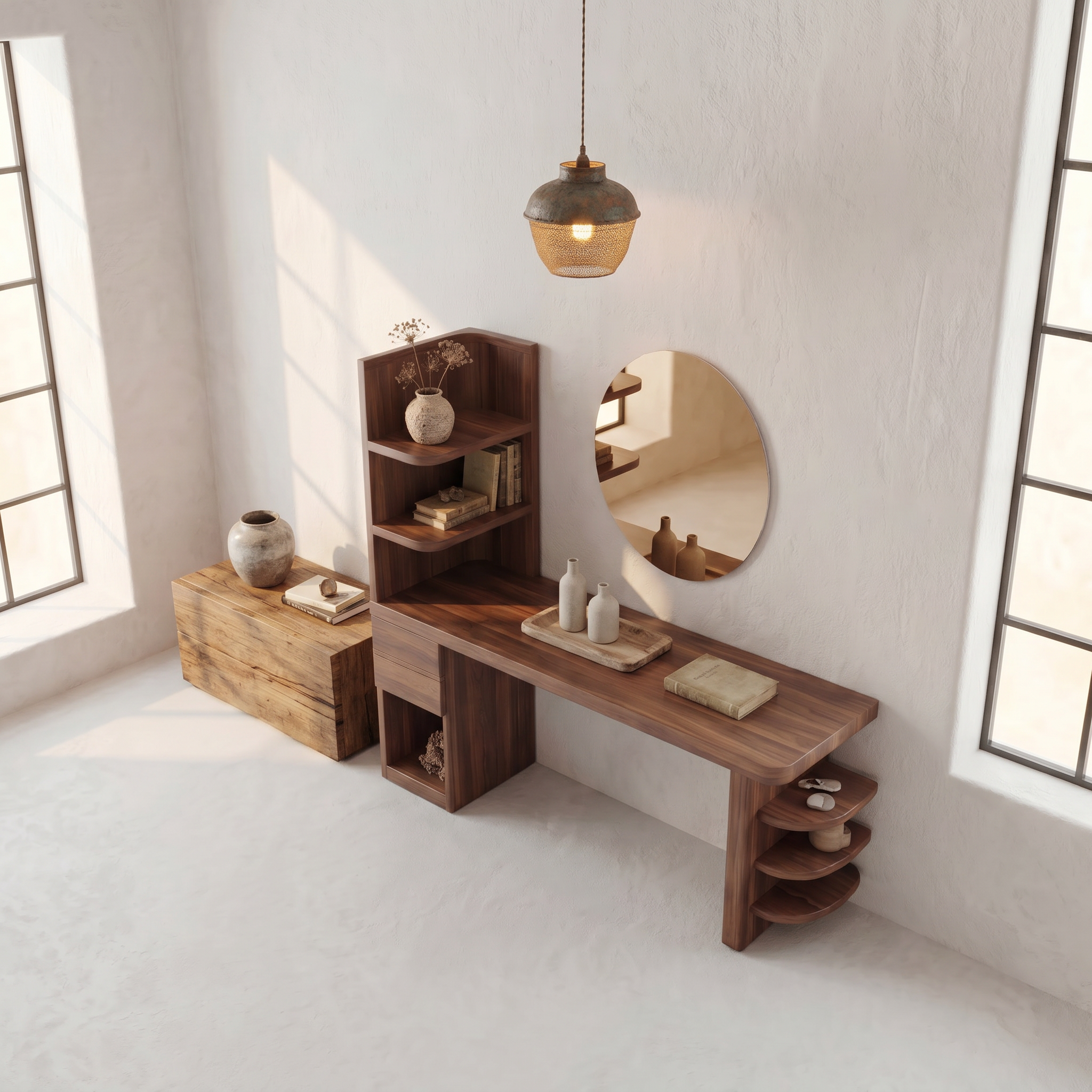 Contemporary Corner Makeup Vanity With Vertical Storage Shelves For Bedroom