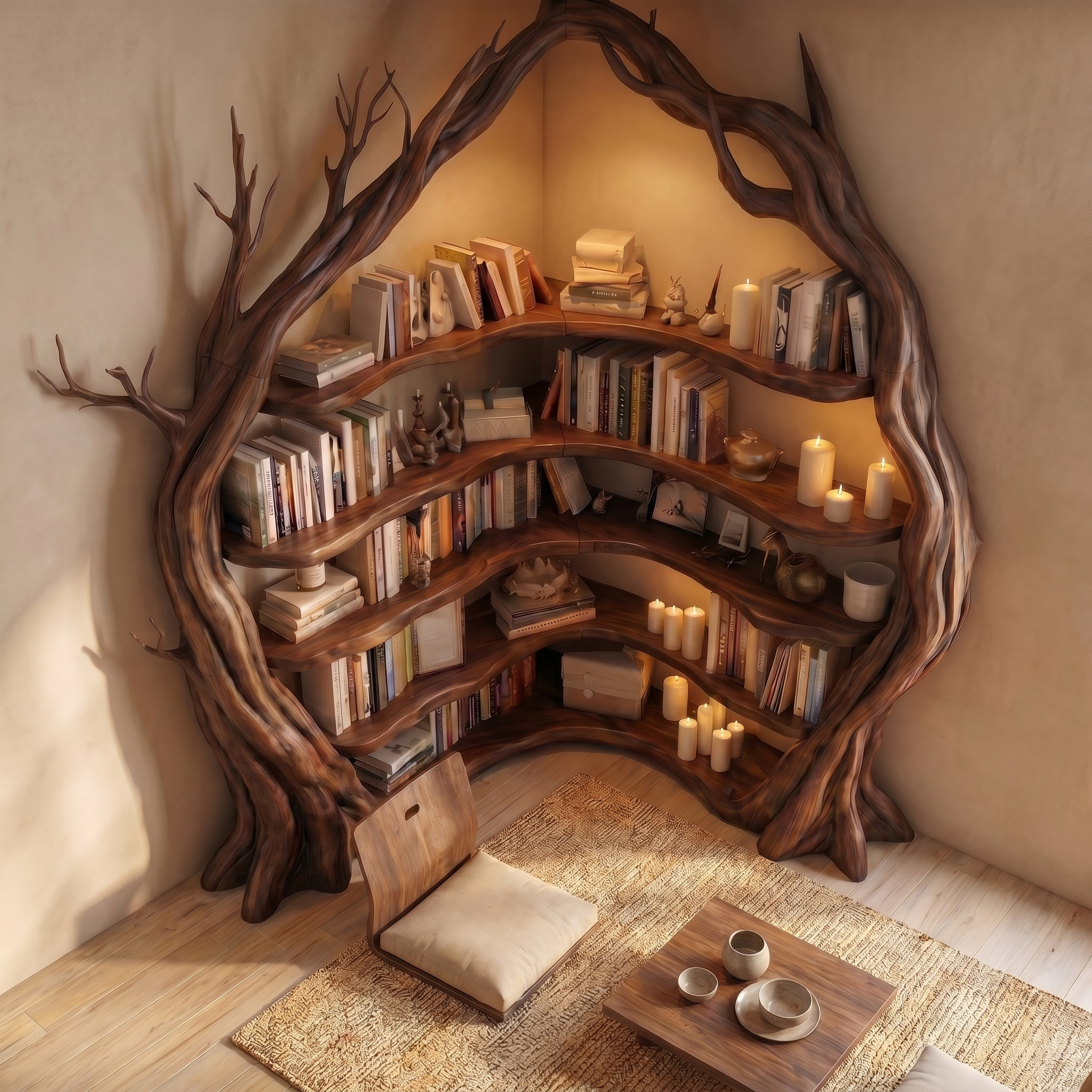Statement Tree Corner Bookshelf For Living Room And Reading Nook