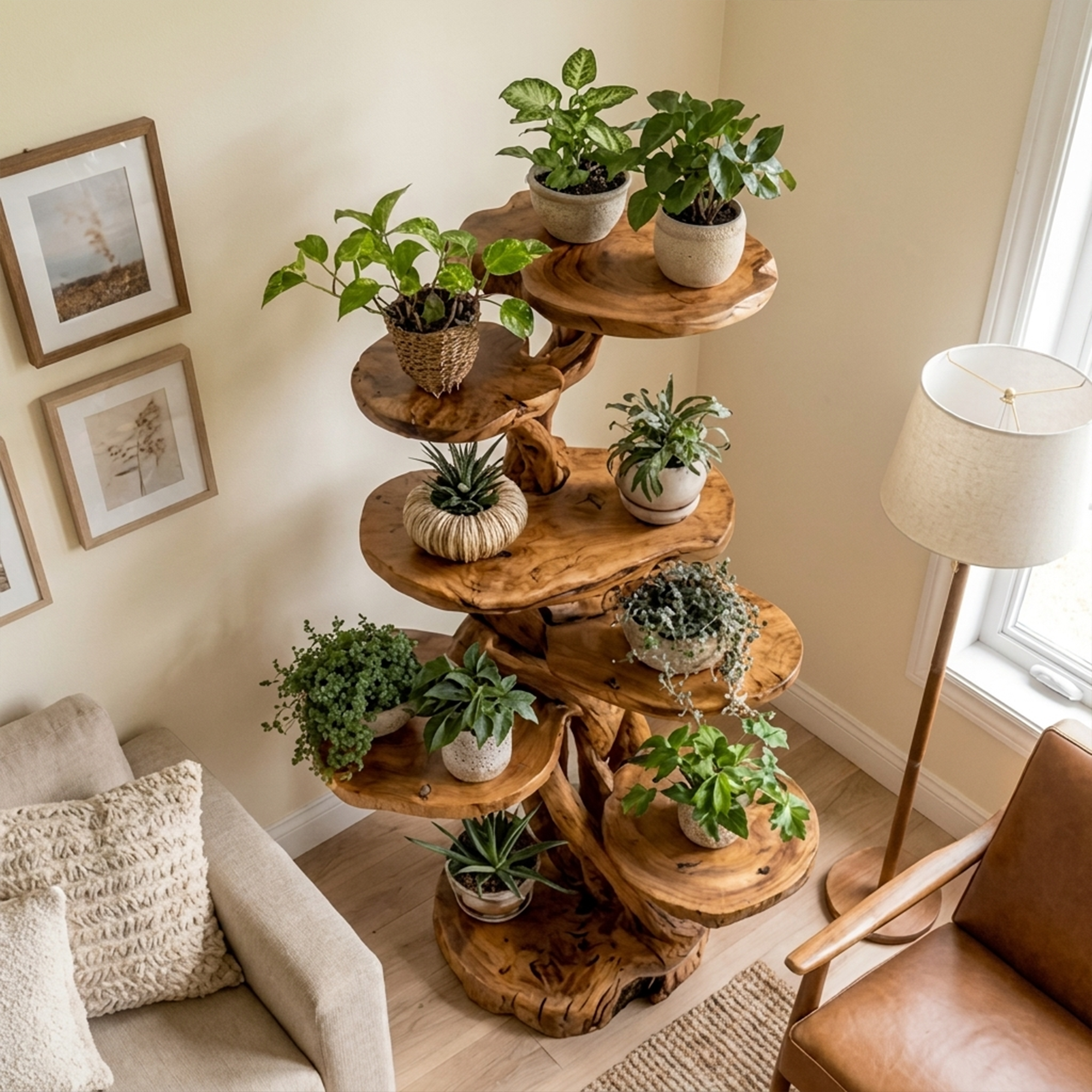 Rustic Tree Plant Shelf Natural Interior Design Home Decor