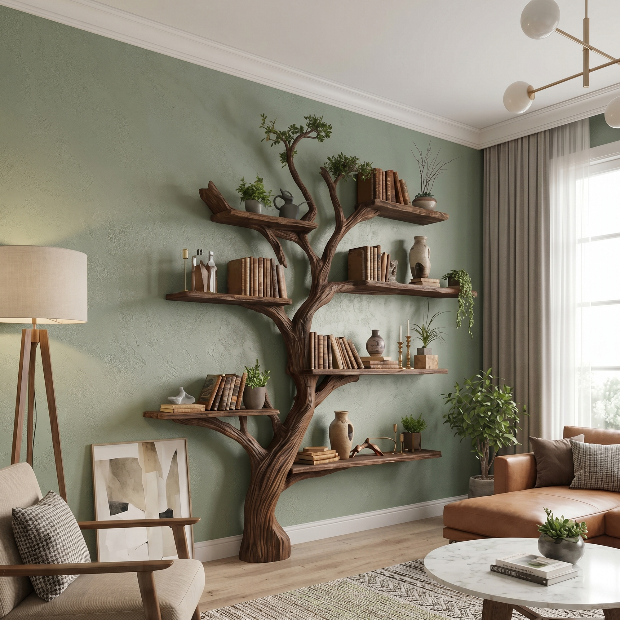 Rustic Handcrafted Tree Bookshelf For Living Room