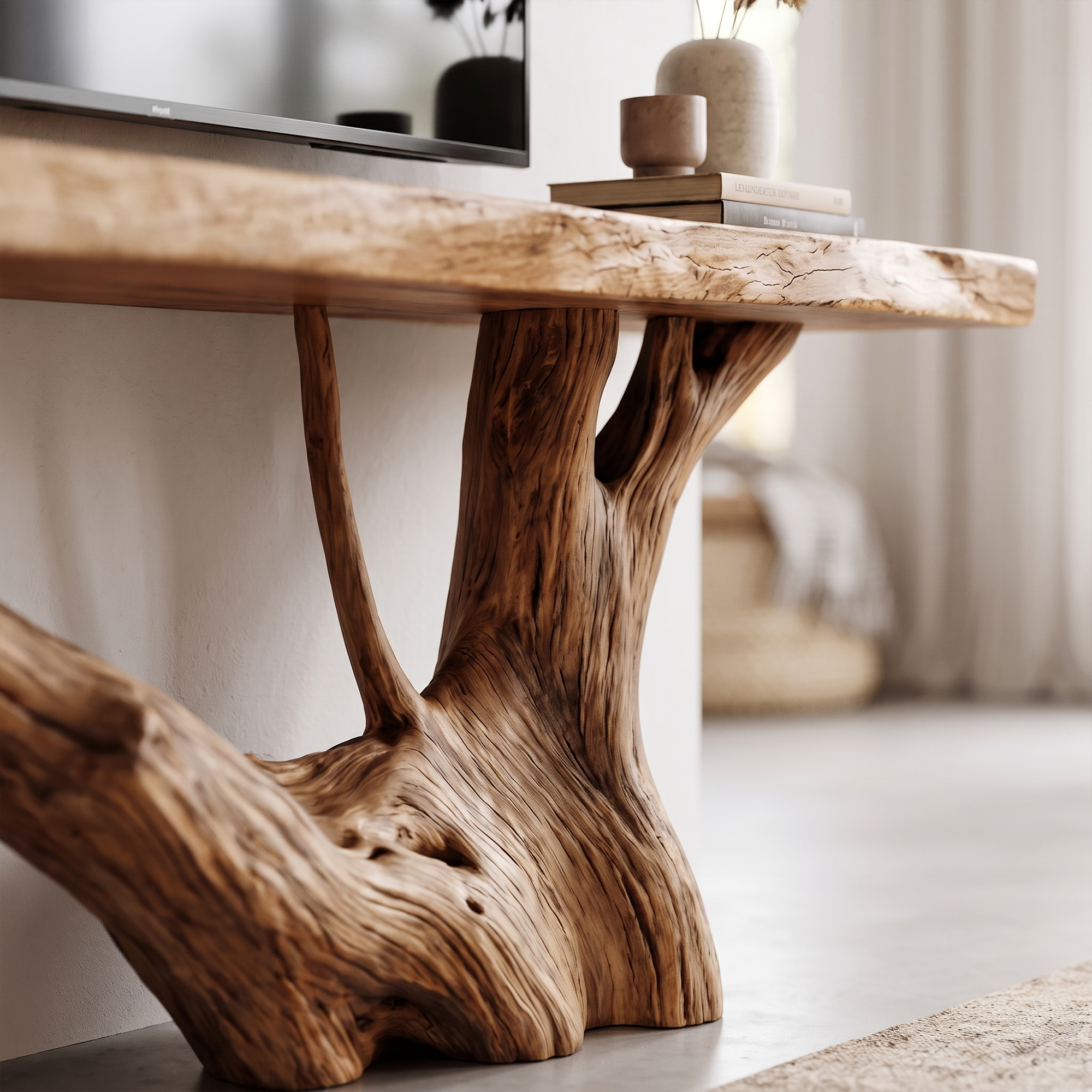Nature Inspired TV Stand With Handcrafted Tree Root Design For Living Room