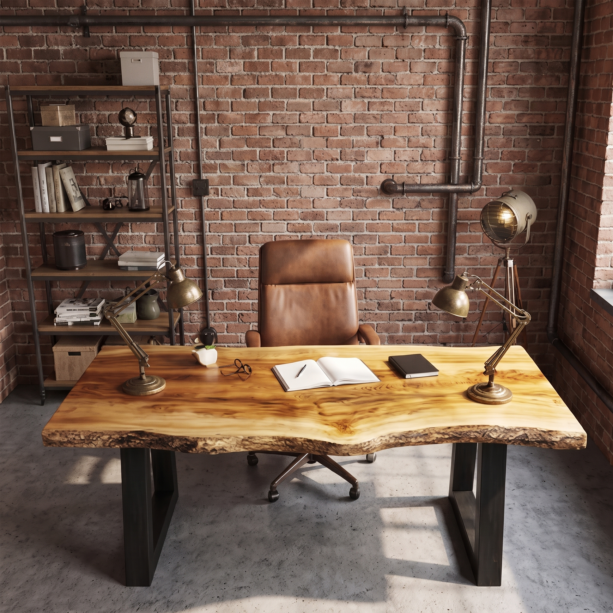 Modern Desk With Live Edge Solid Wood Top And Steel Base For Workspace