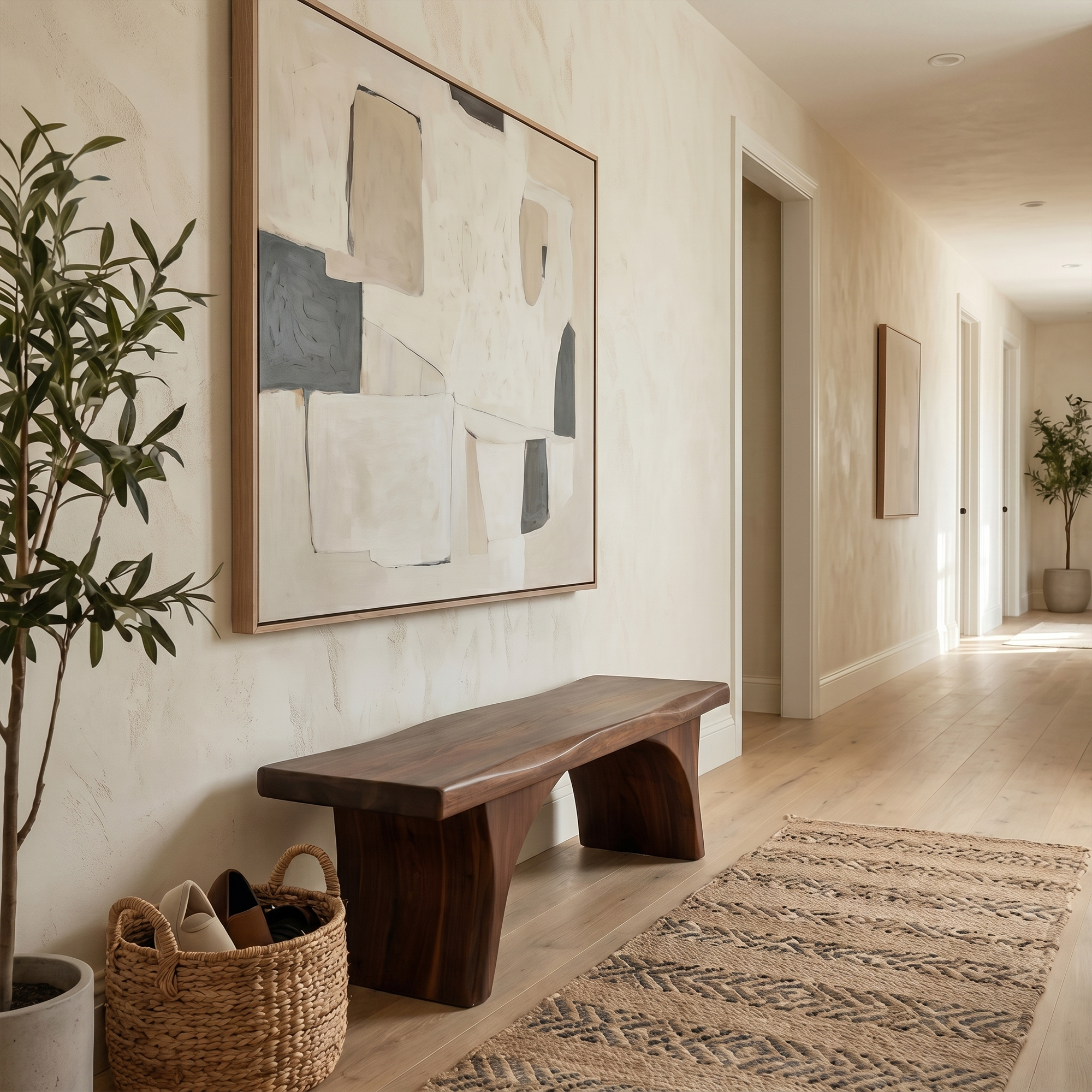 Organic Sculptural Bench With Curved Open Storage Base For Entryway And Living Room