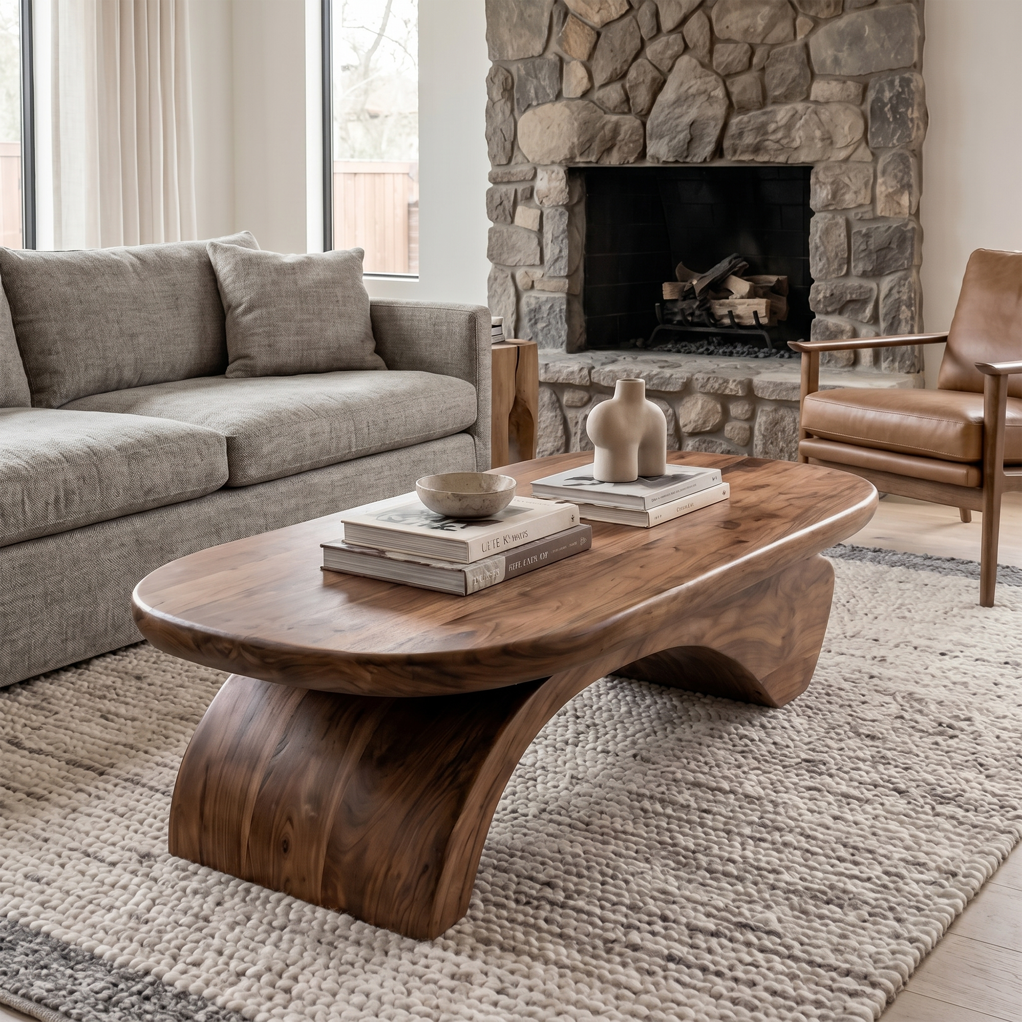 Rustic Live Edge Coffee Table With Artistic Curved Wood Pedestal For Living Room
