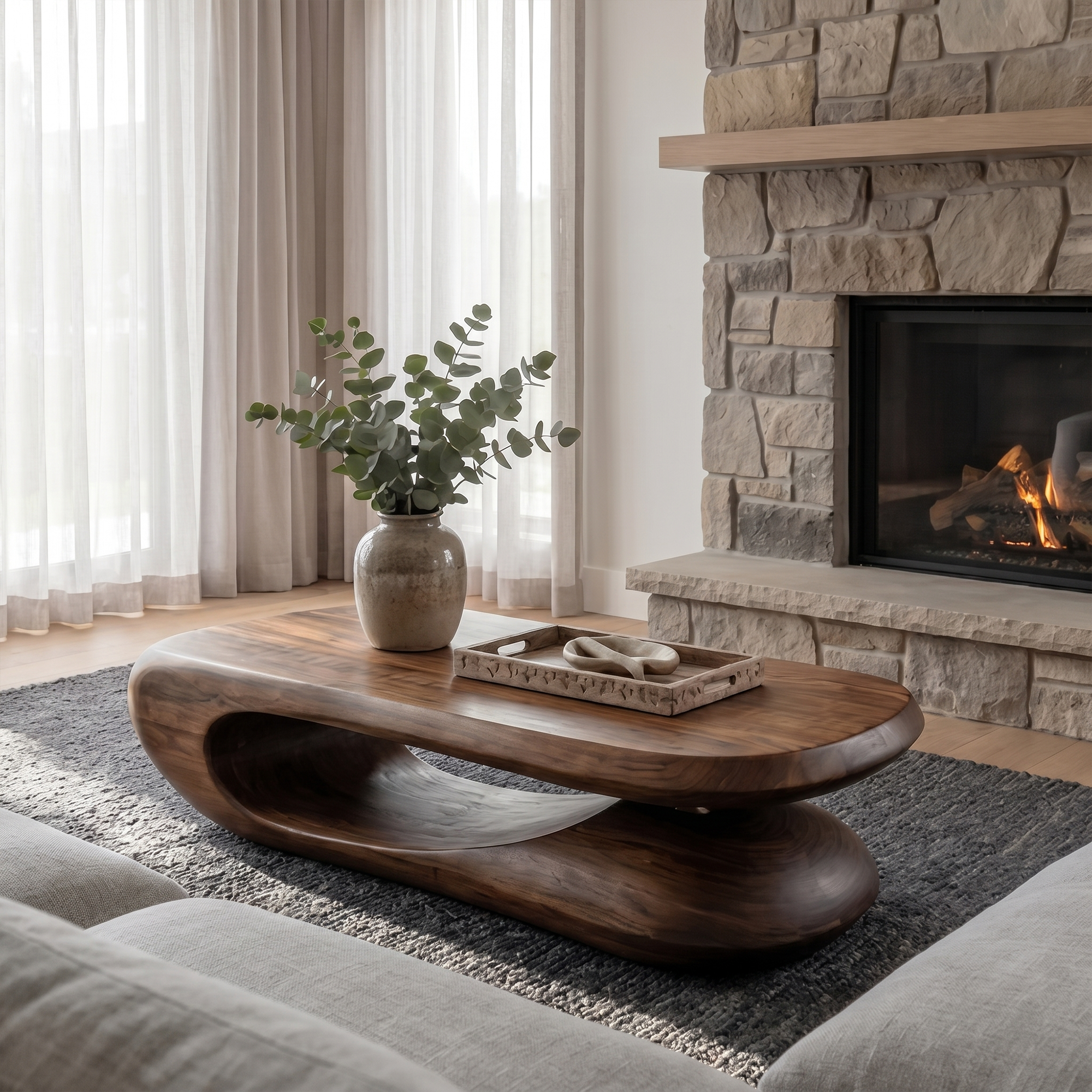 Organic Coffee Table With Flowing Monolithic Wood Form For Living Room