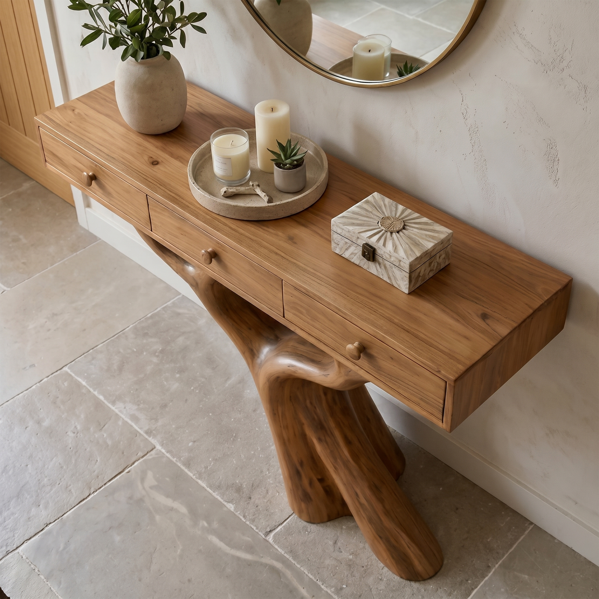 Organic Console Table With Built In Storage Cabinet And Sculptural Curved Wood Base For Entryway And Living Room