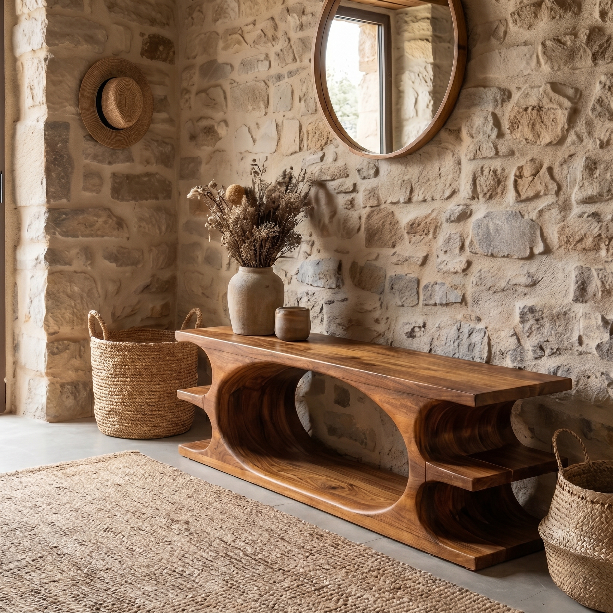 Organic Sculptural Wooden Bench With Flowing Curved Base For Living Room And Entryway
