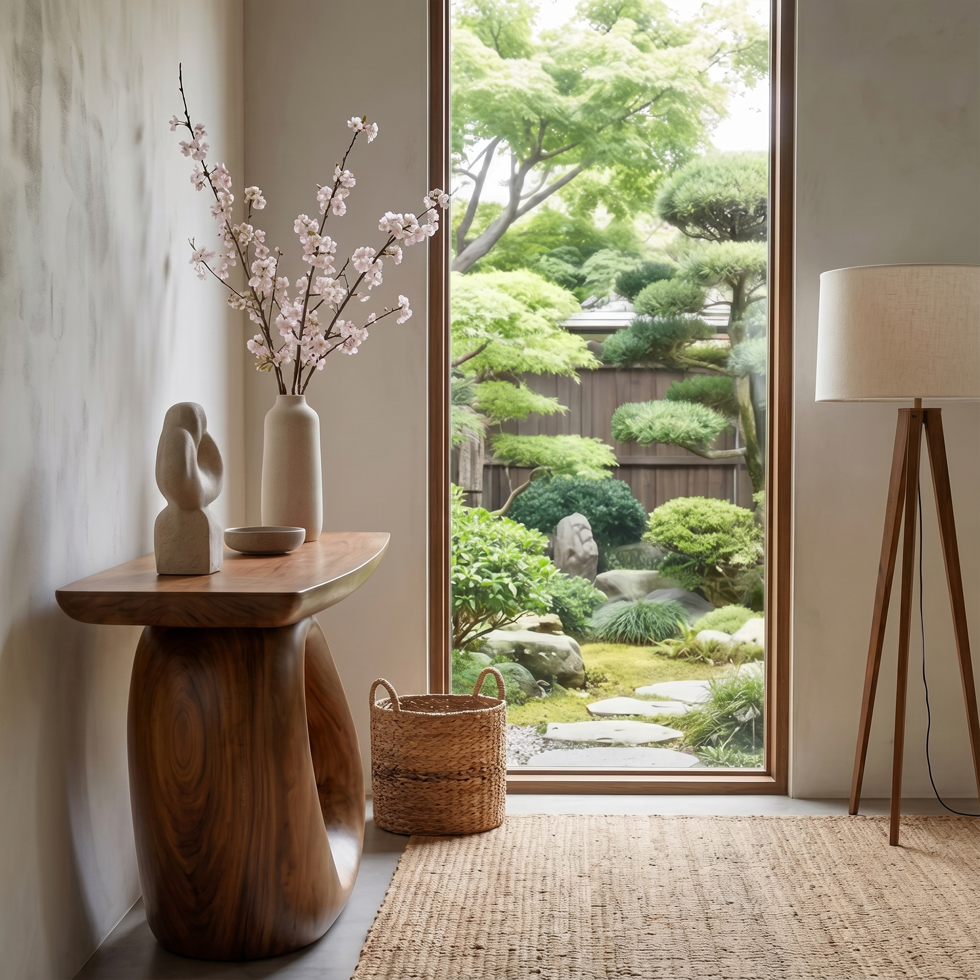 Modern Organic Console Table With Sculptural Loop Pedestal Wood Base For Entryway And Living Room