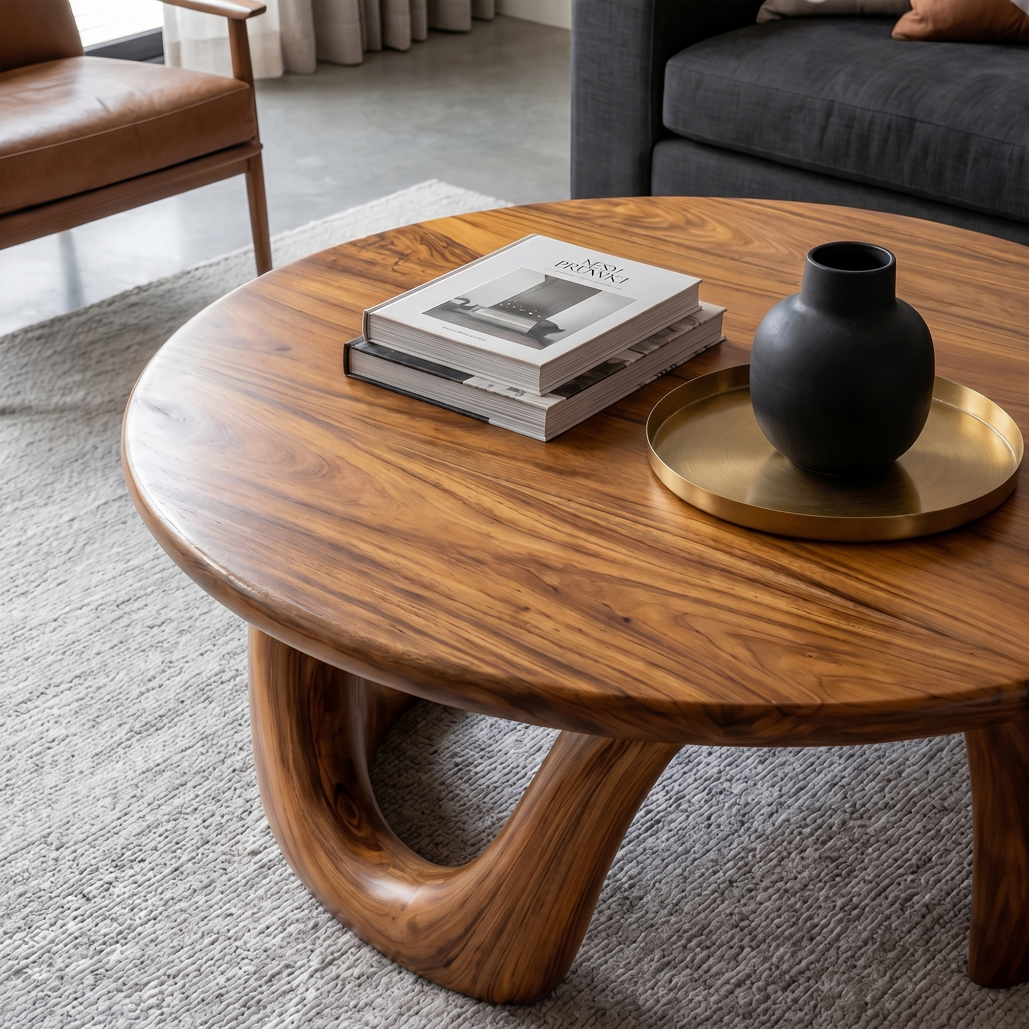 Organic Modern Coffee Table With Round Wood Top And Artistic Curved Base For Living Room