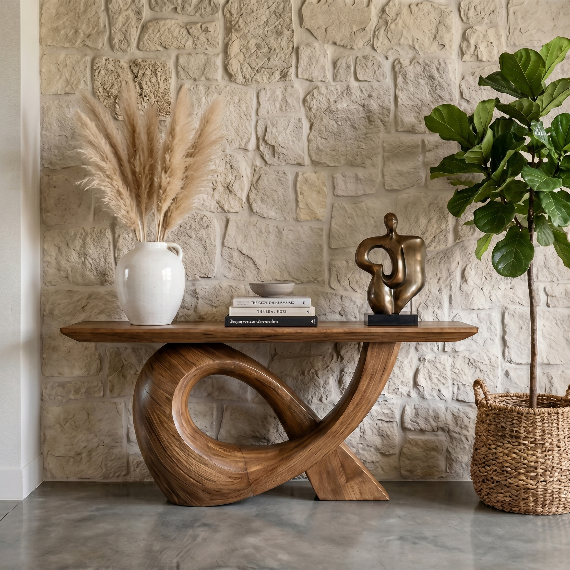 Sculptural Console Table With Flowing Curved Wood Base For Entryway And Living Room
