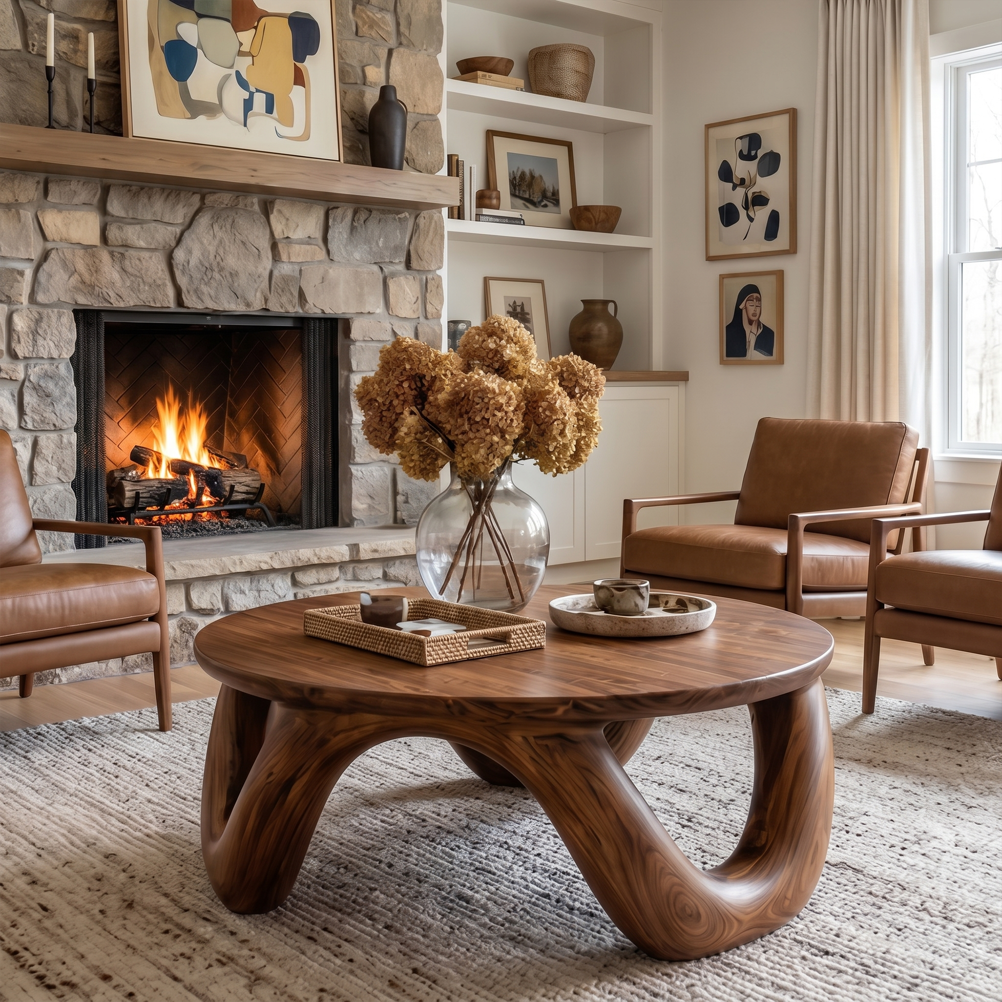 Modern Coffee Table With Round Solid Wood Top And Artistic Sculptural Base For Living Room