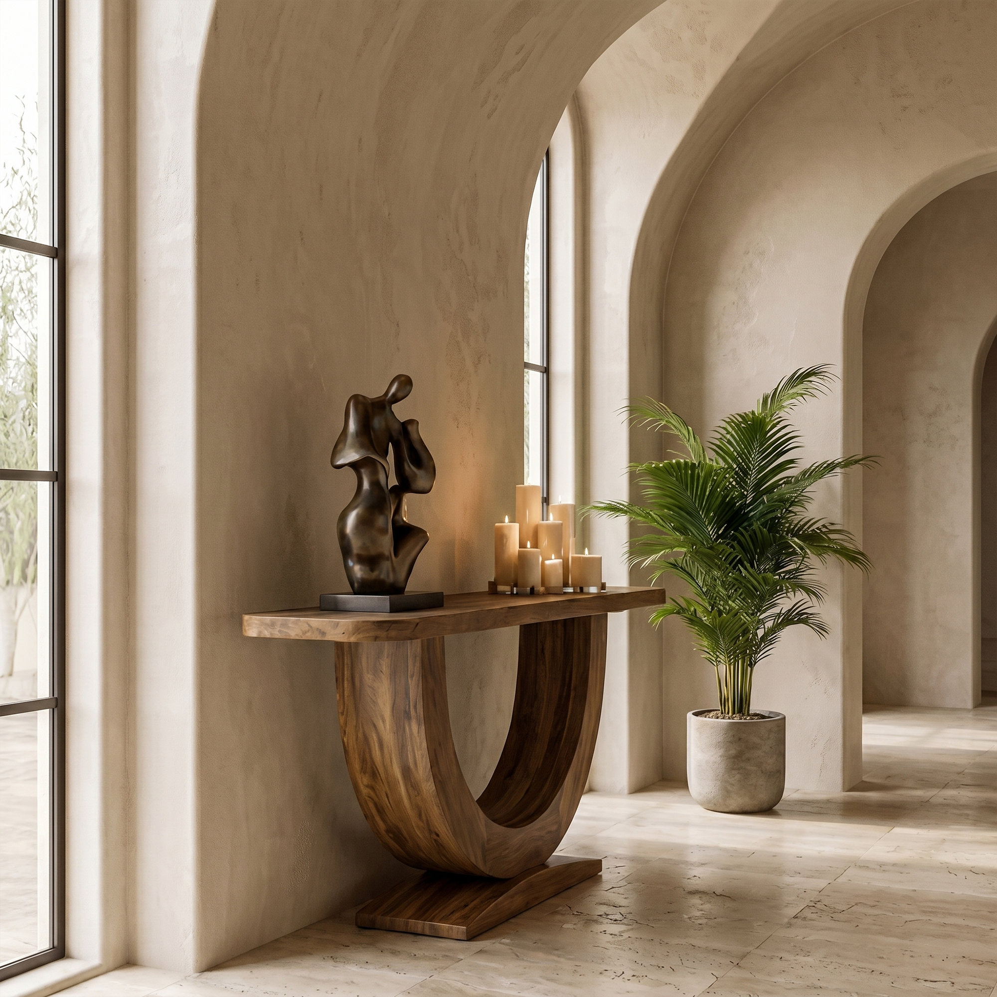 Contemporary Organic Console Table With U Shape Pedestal Base For Entryway And Living Room