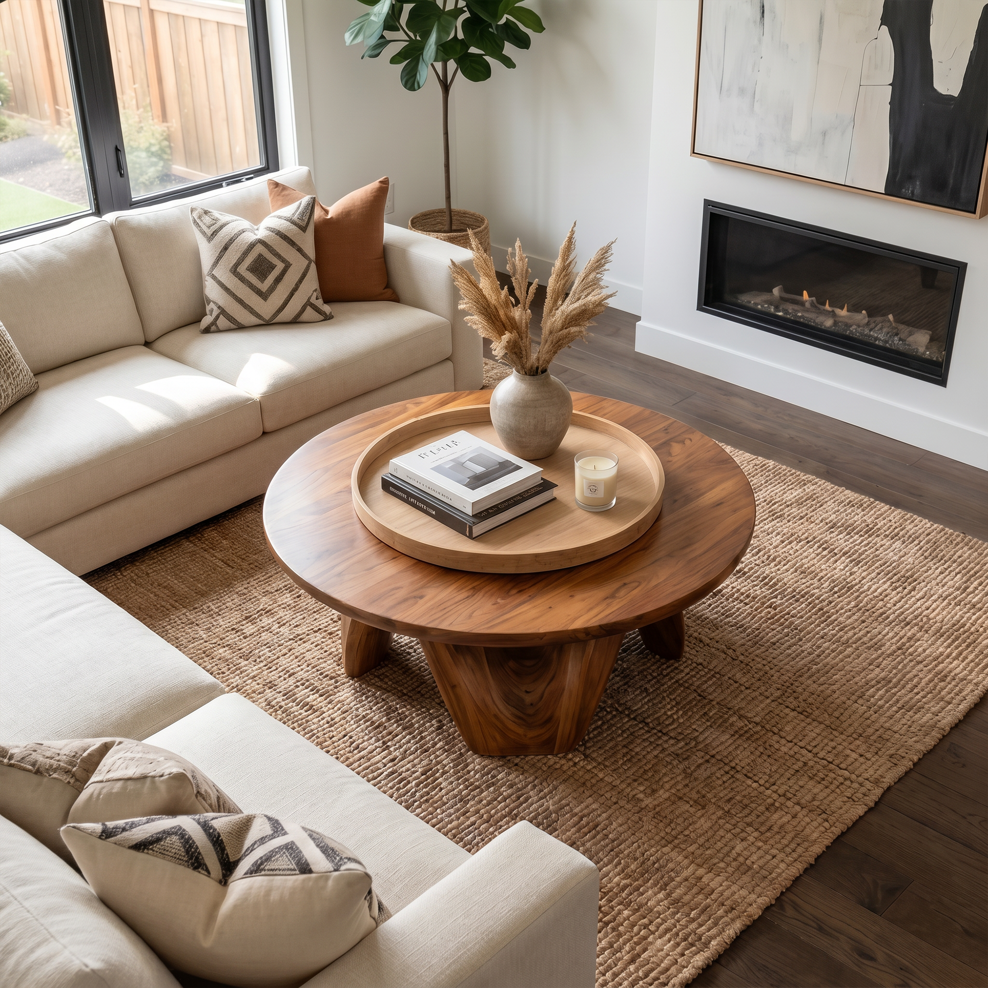 Rustic Coffee Table With Sculptural Solid Wood Base And Round Live Edge Top For Living Room