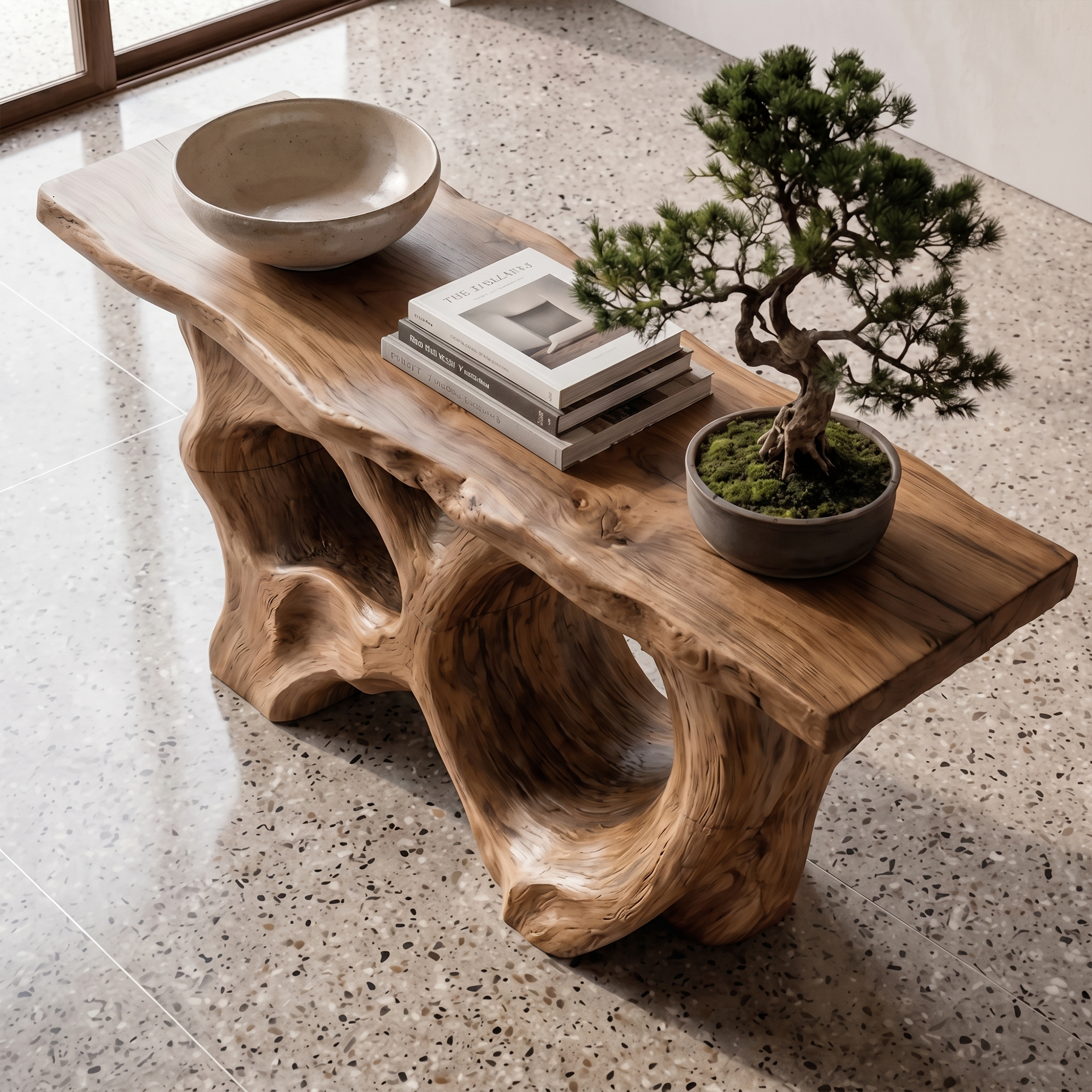 Modern Console Table With Sculptural Asymmetrical Wood Base  For Living Room