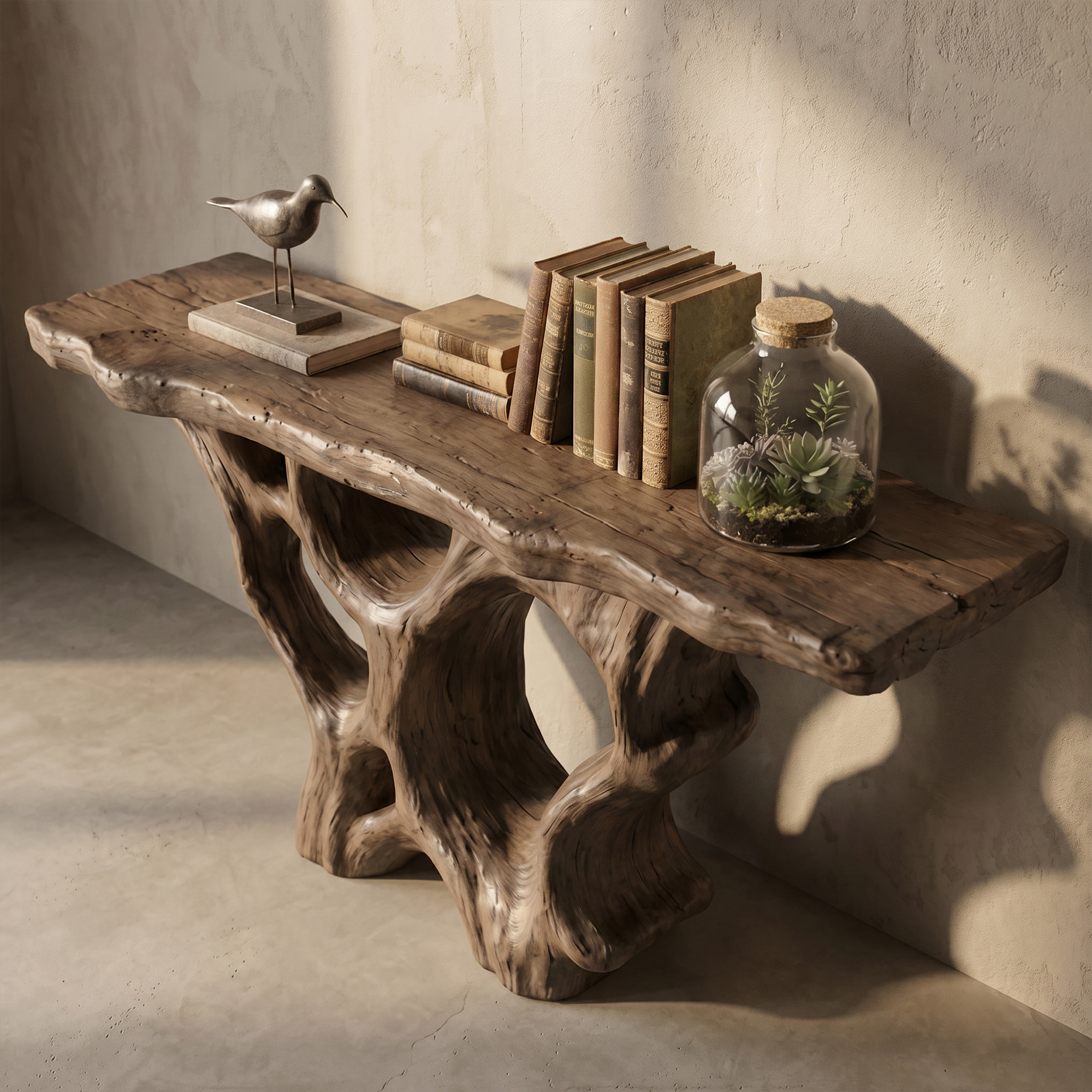 Organic Unique Console Table With Sculptural Natural Wood Base For Living Room