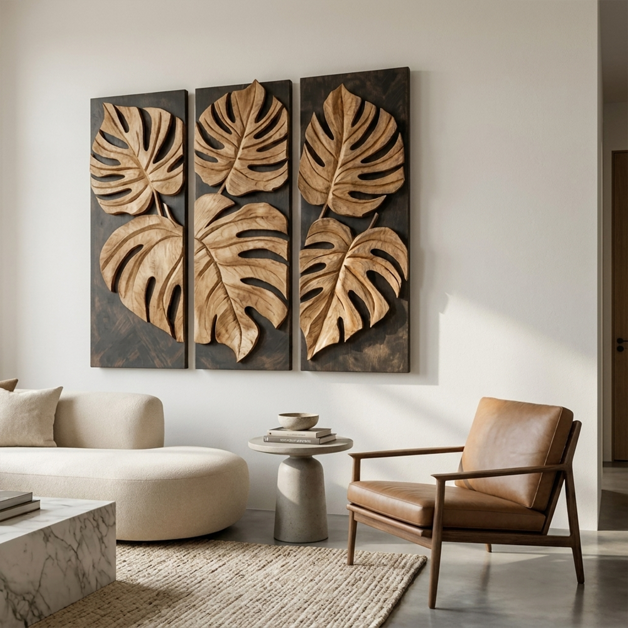 Carved Monstera Leaf Solid Wood Wall Art Triptych Statement Decor