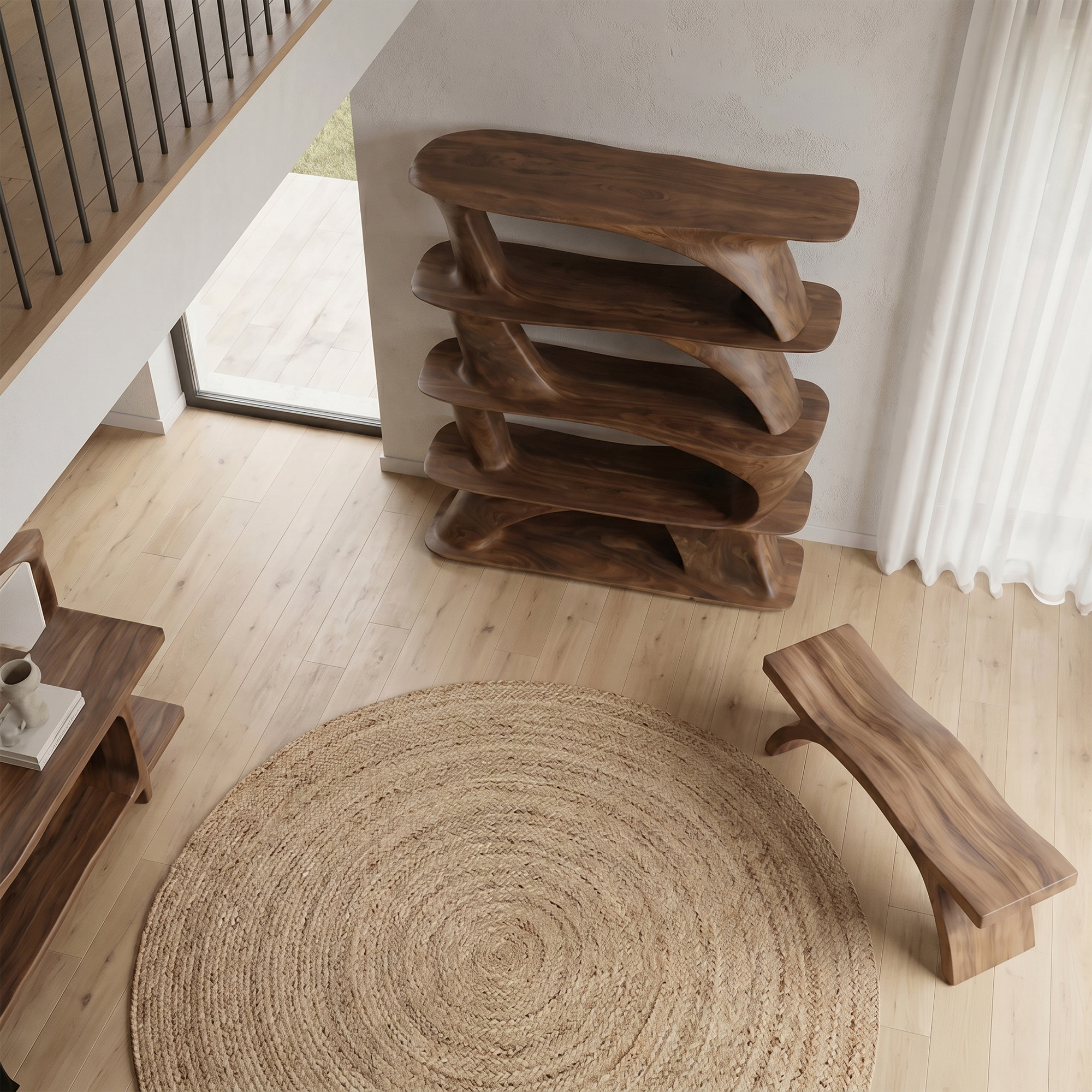 Organic Sculptural Bookshelf With Asymmetrical Open Shelves For Living Room