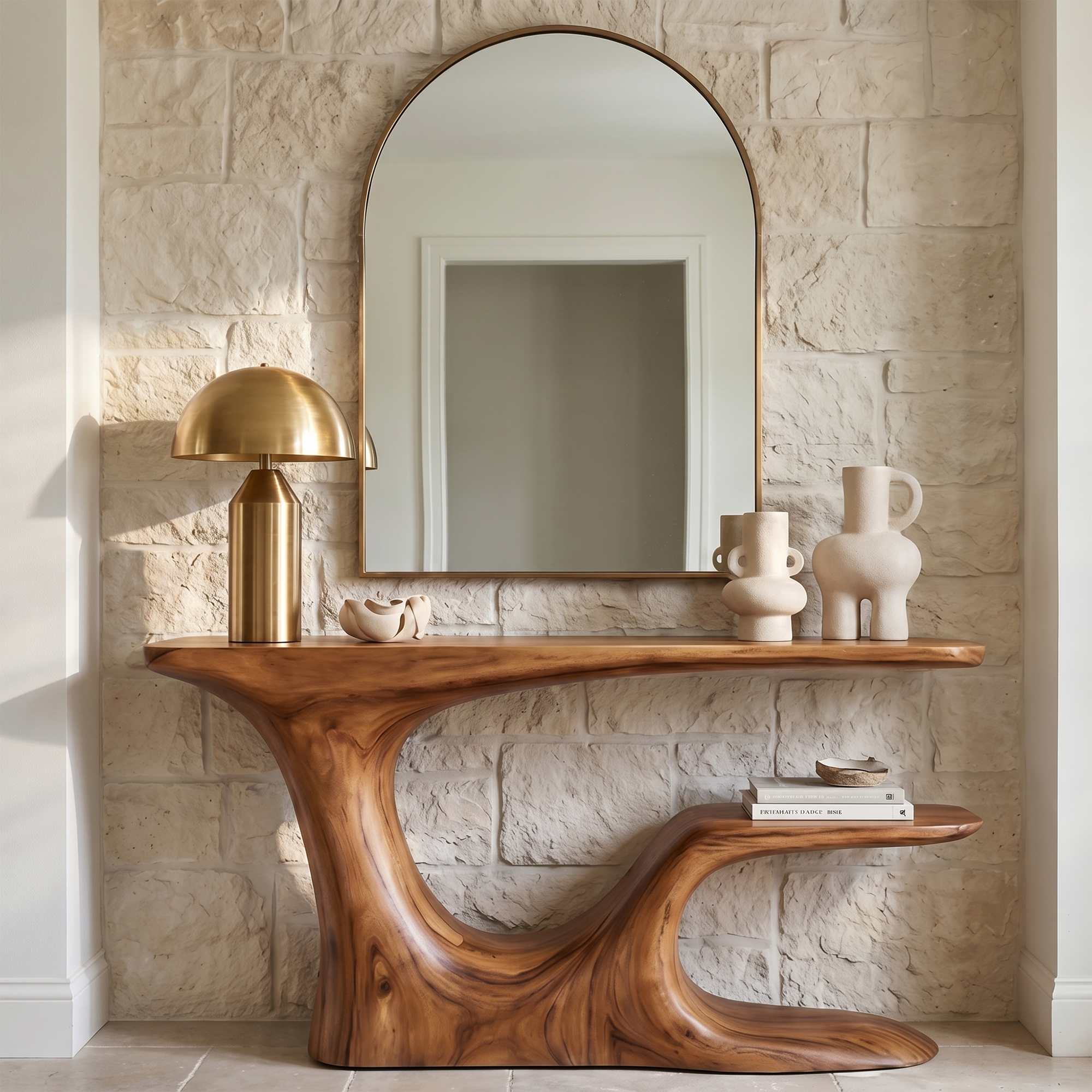 Rustic Organic Console Table With Live Edge Top And Sculptural Solid Wood Base For Entryway