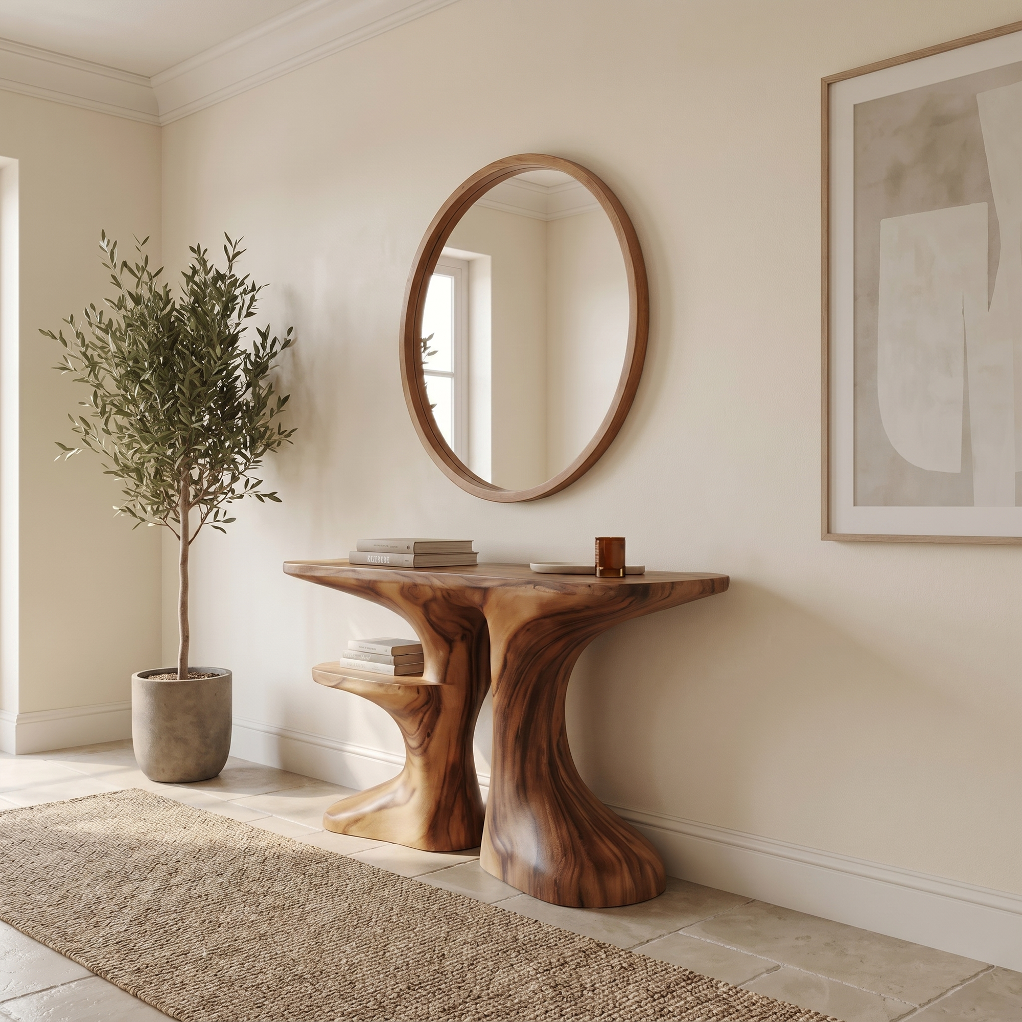 Organic Console Table With Live Edge Countertop And Sculptural Solid Wood Base For Entryway