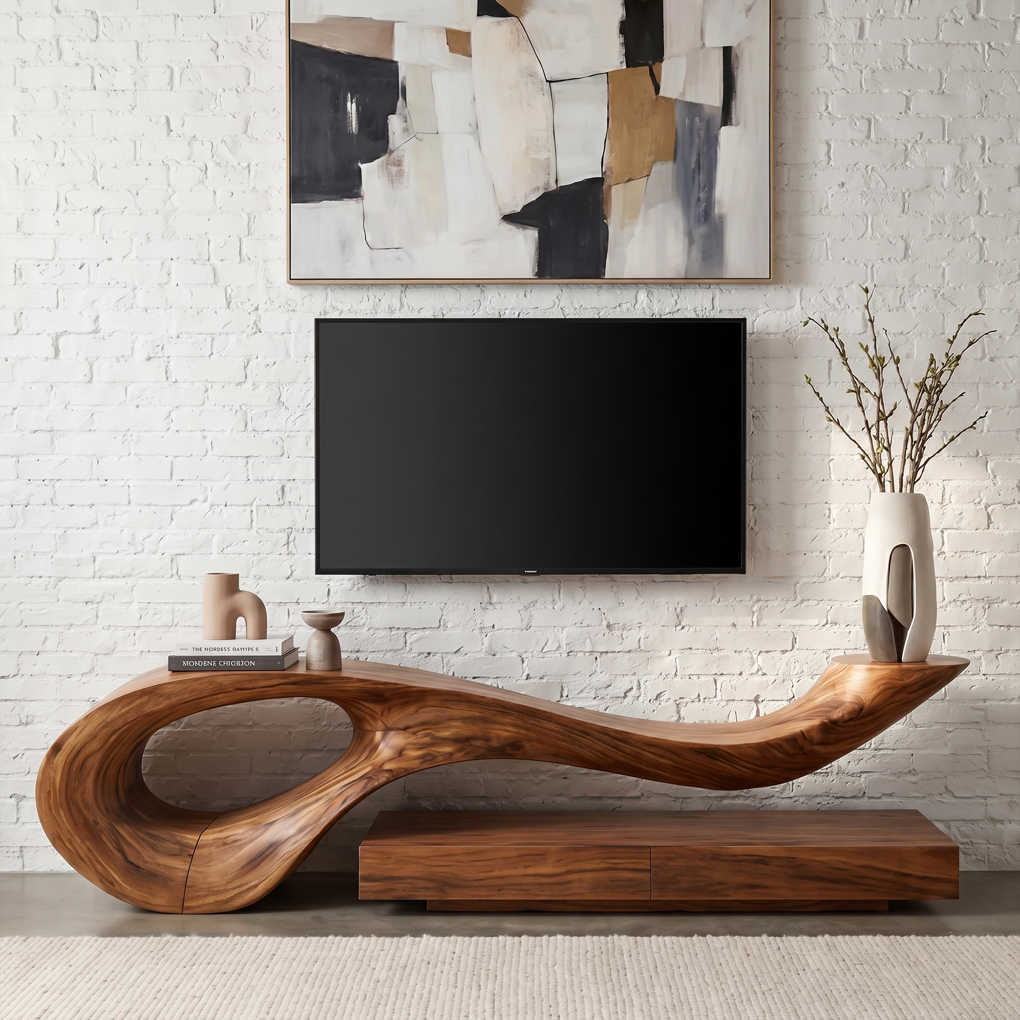 Sculptural TV Cabinet With Unique Flowing Curve Wood Base And Solid Wood Media Console For Living Room